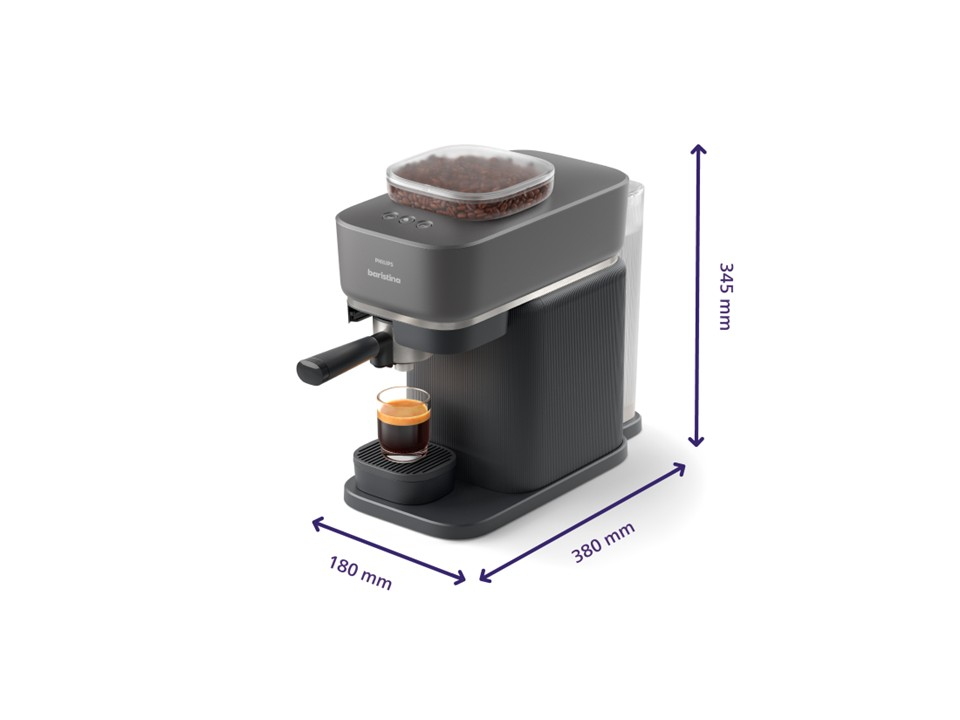 Cafetera gris oscuro con vaso y espresso, dimensiones 180x380x345mm.