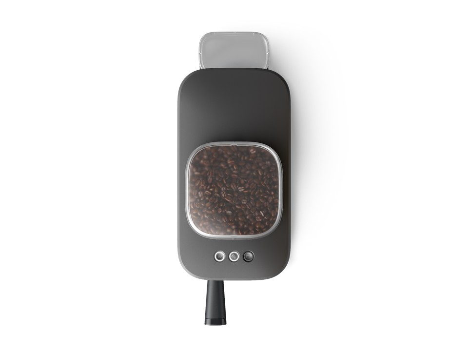 Contenedor gris oscuro para granos de café con tapa transparente y tres botones.