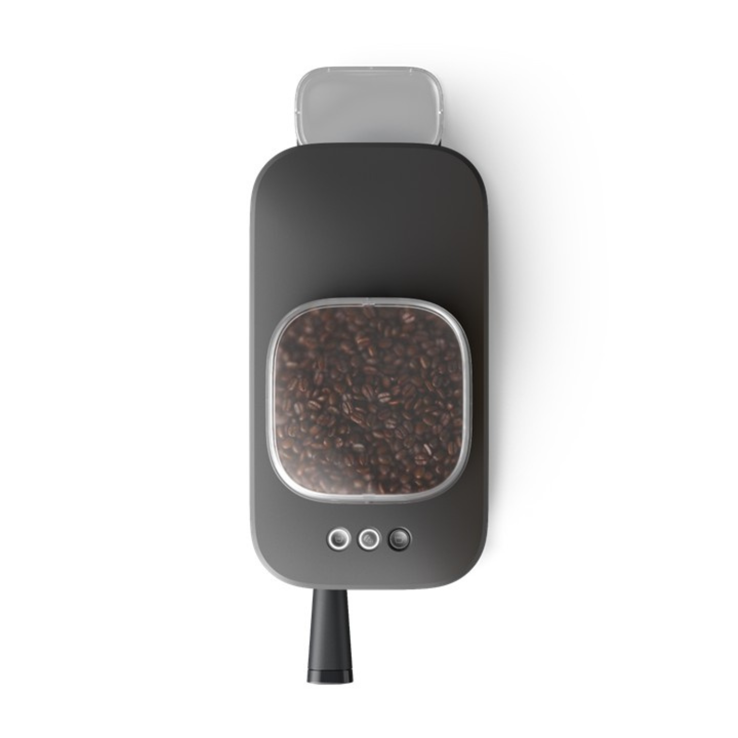 Contenedor de granos de café gris oscuro con ventana transparente, tres botones y boquilla.
