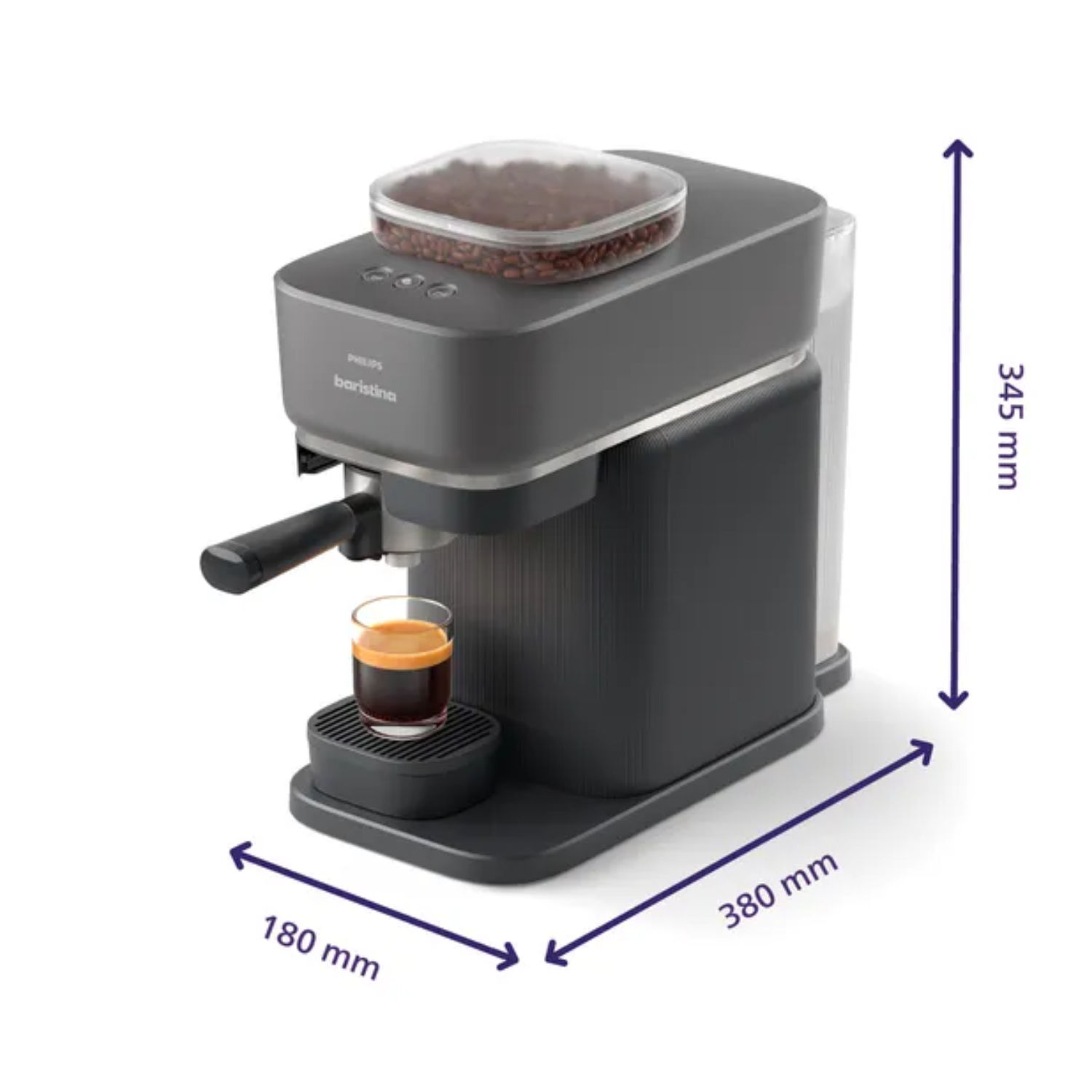 Cafetera Philips Barista gris oscura con vaso y espresso. Dimensiones 180x380x345mm.