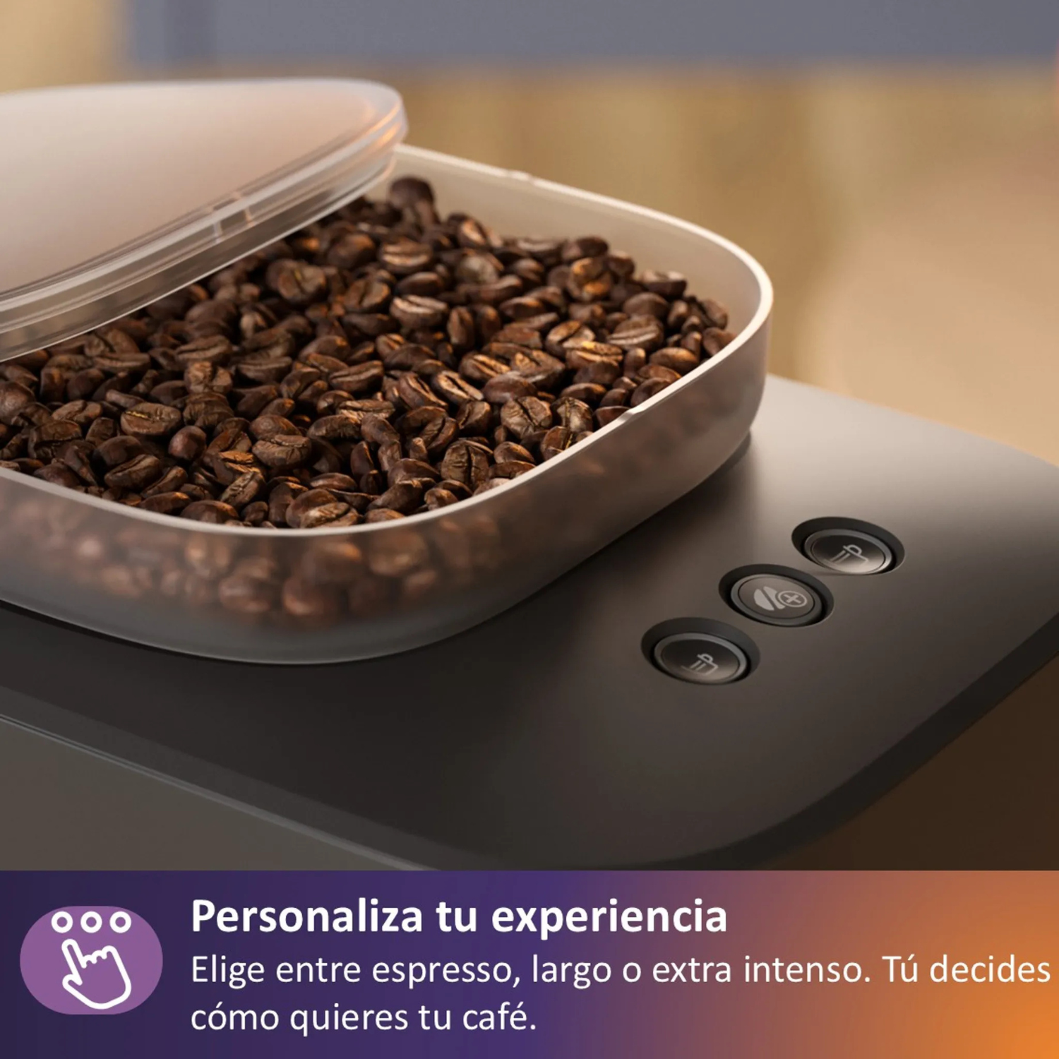 Un recipiente con granos de café reposa sobre una cafetera con botones.