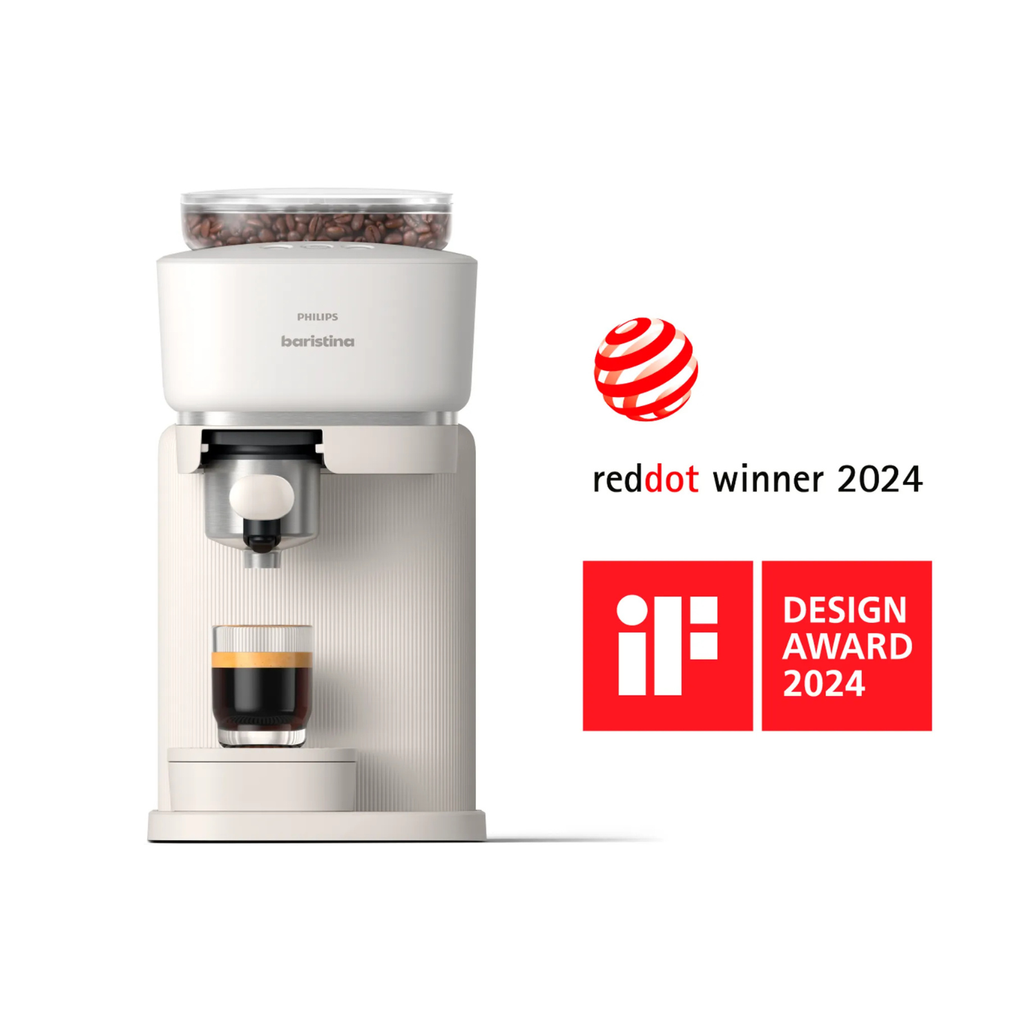 Cafetera blanca con portafiltro, vaso y depósito de granos. Premios Red Dot y iF Design.