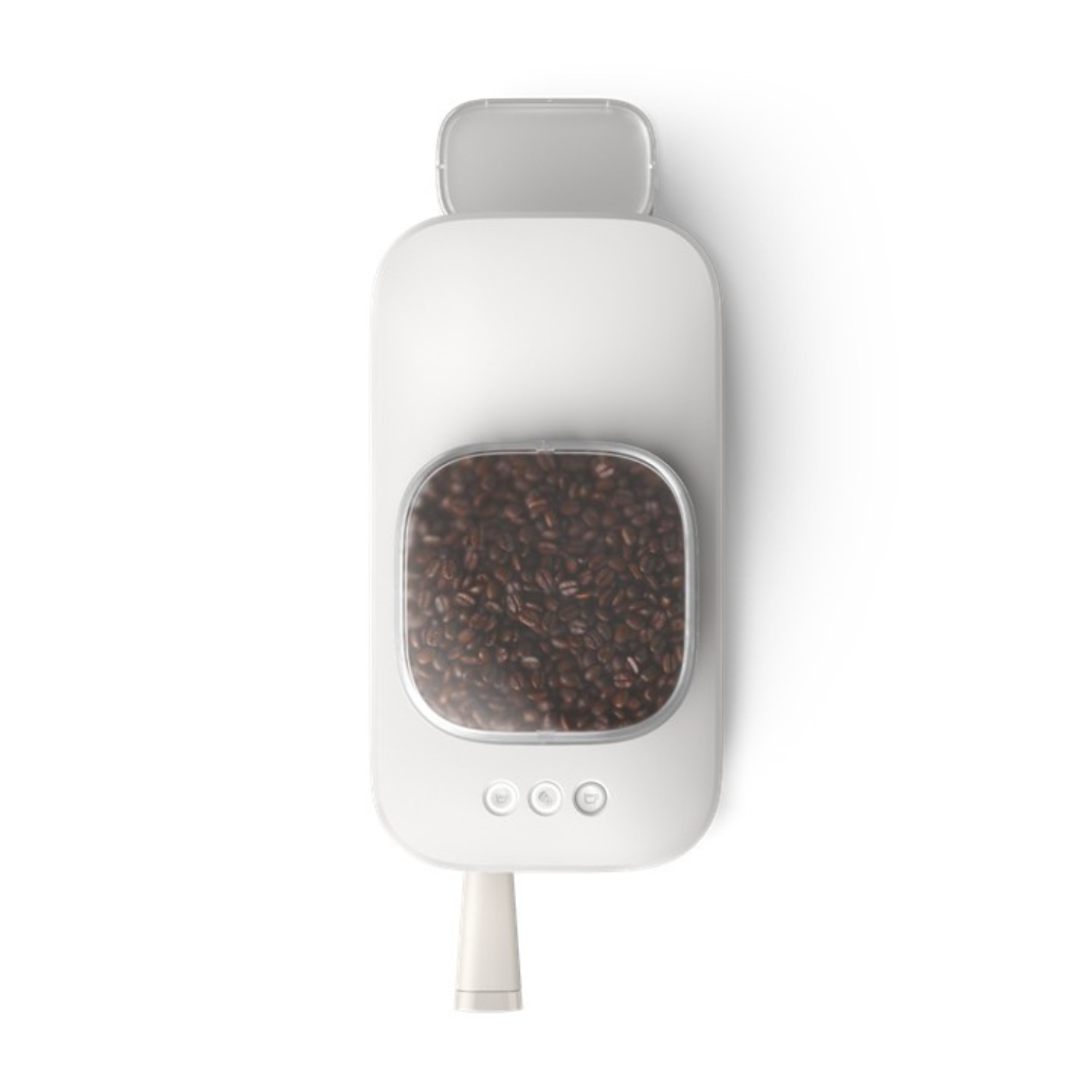 Un recipiente blanco para granos de café con ventana transparente y tres botones.