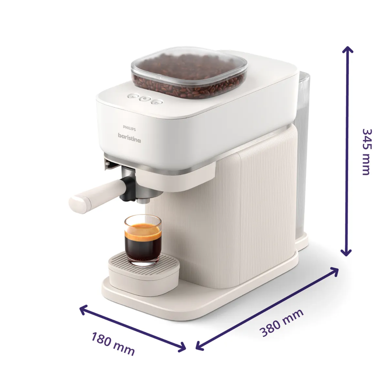 Cafetera Philips Baristina blanca con depósito de granos y espresso.