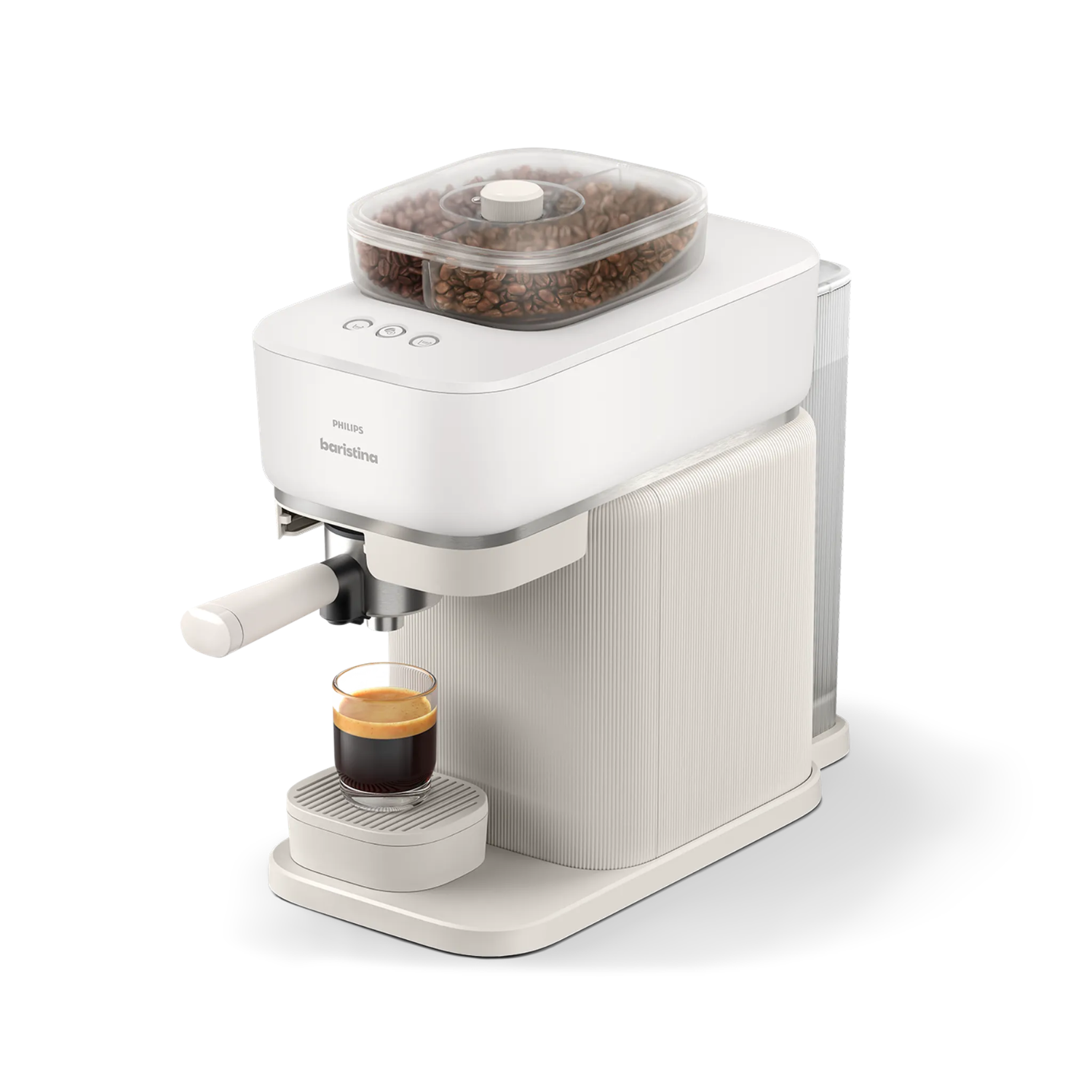 Cafetera blanca con depósito de granos de vidrio y un espresso.
