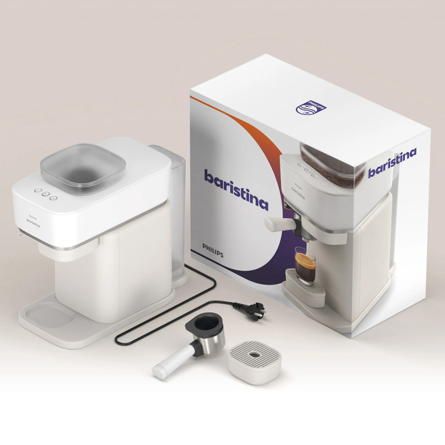 Cafetera blanca con accesorios y caja. Espresso en vaso.