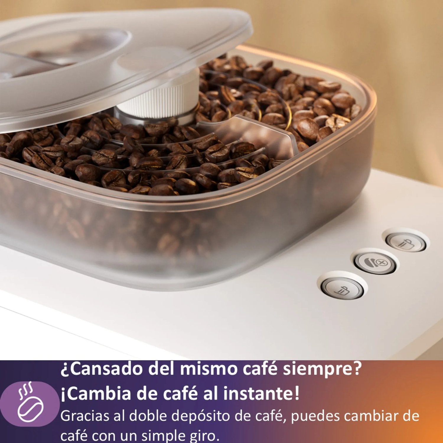 Granos de café en un recipiente con tapa abierta y botones.