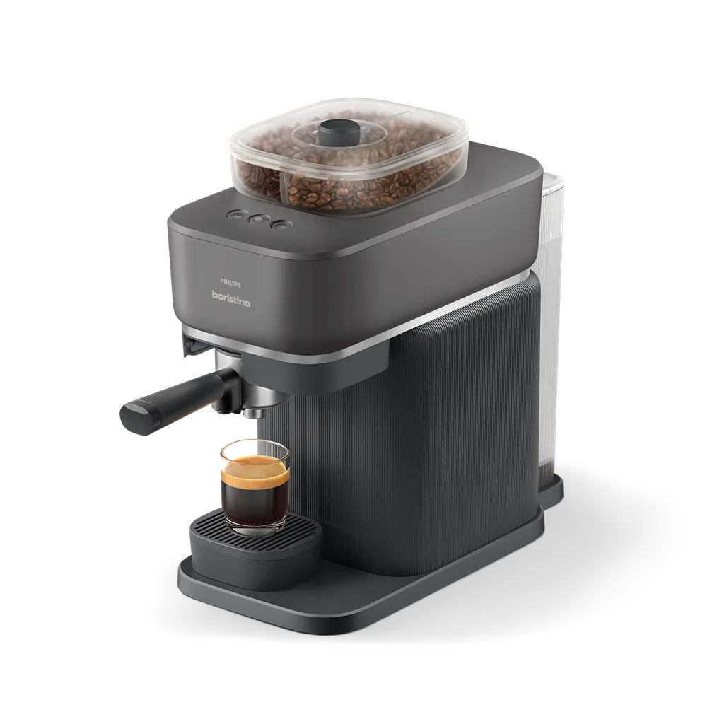 Máquina de café oscura con depósito de granos, elaborando espresso en un vaso.