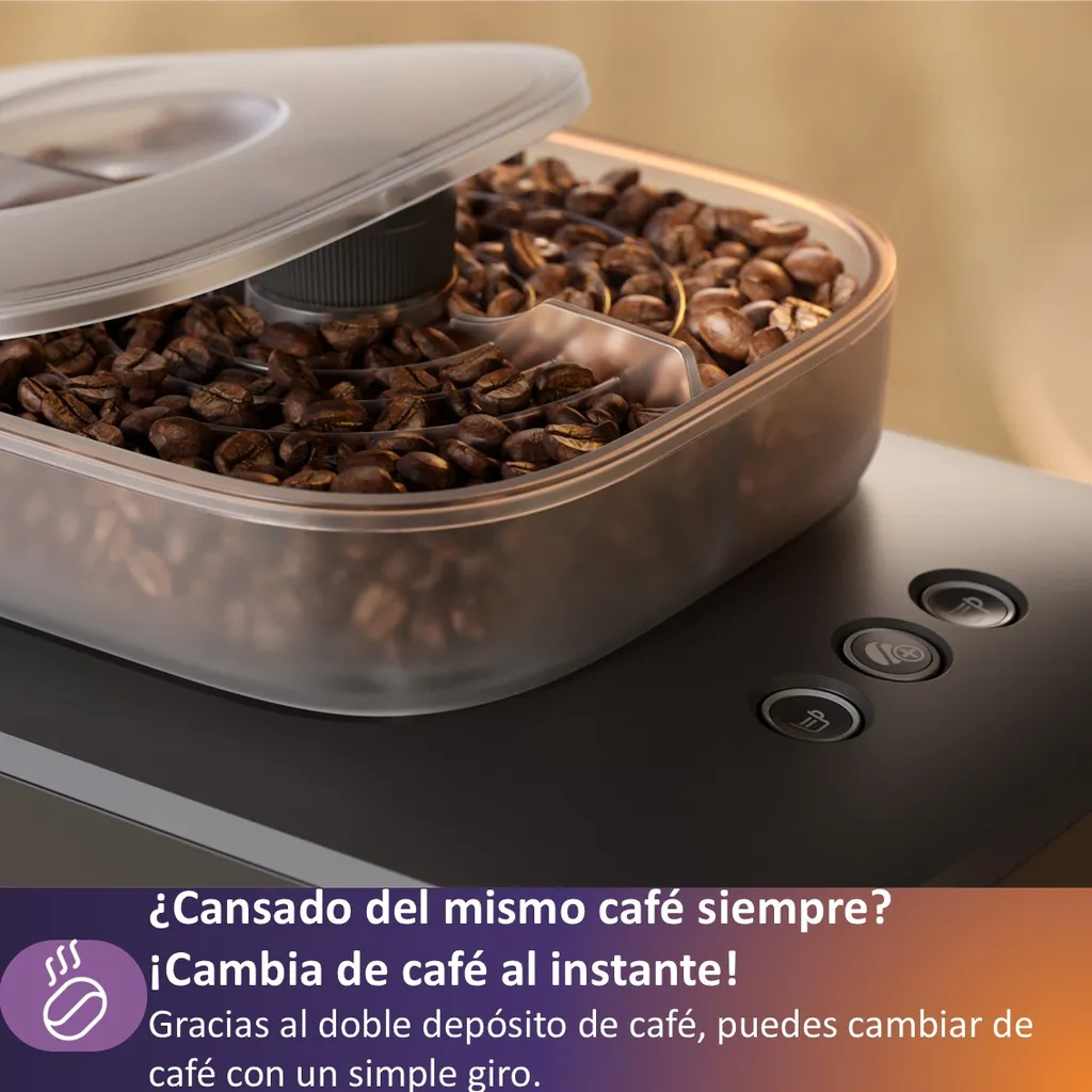 Cafetera con depósito transparente lleno de granos de café y botones.