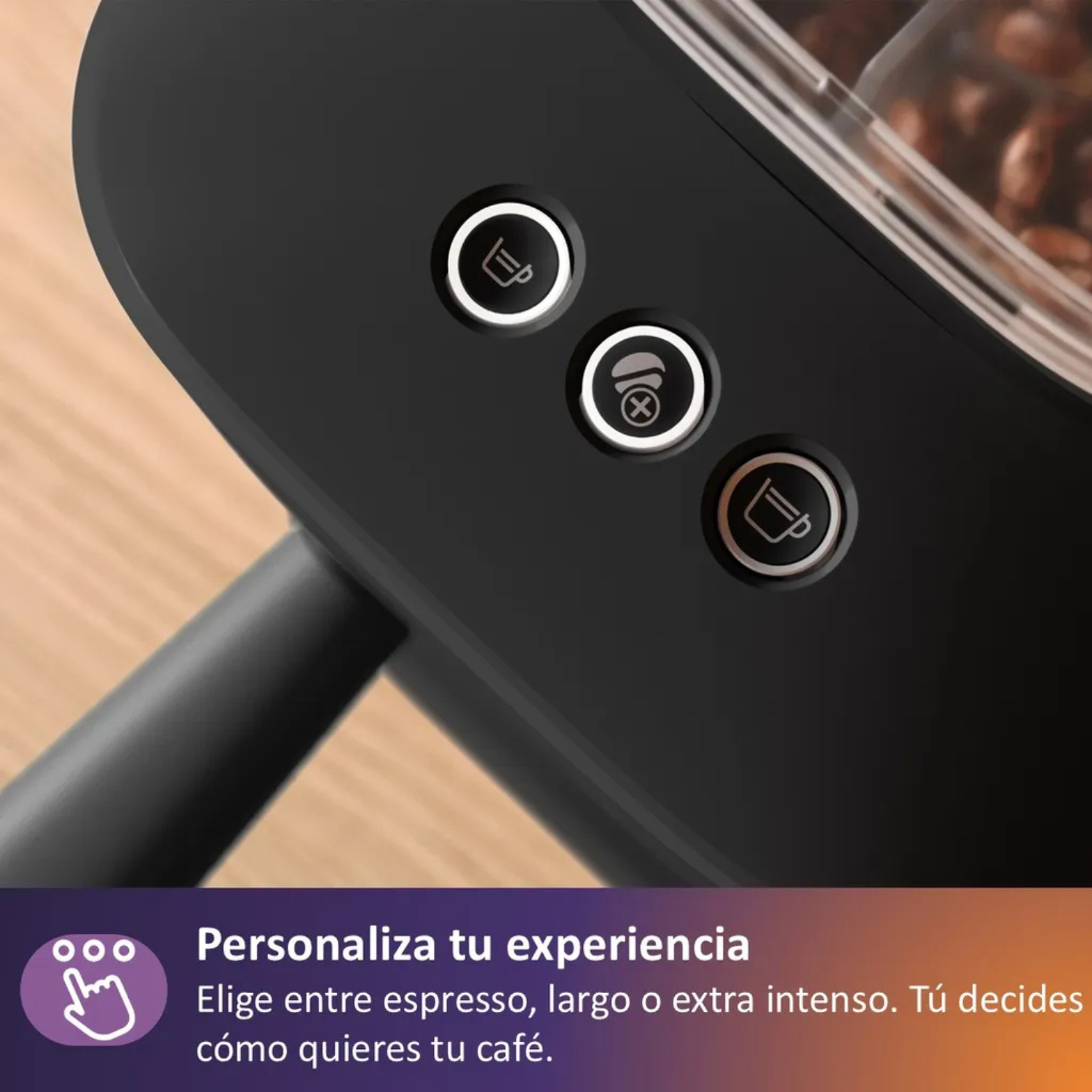 Máquina de café con tres botones y contenedor de granos.
