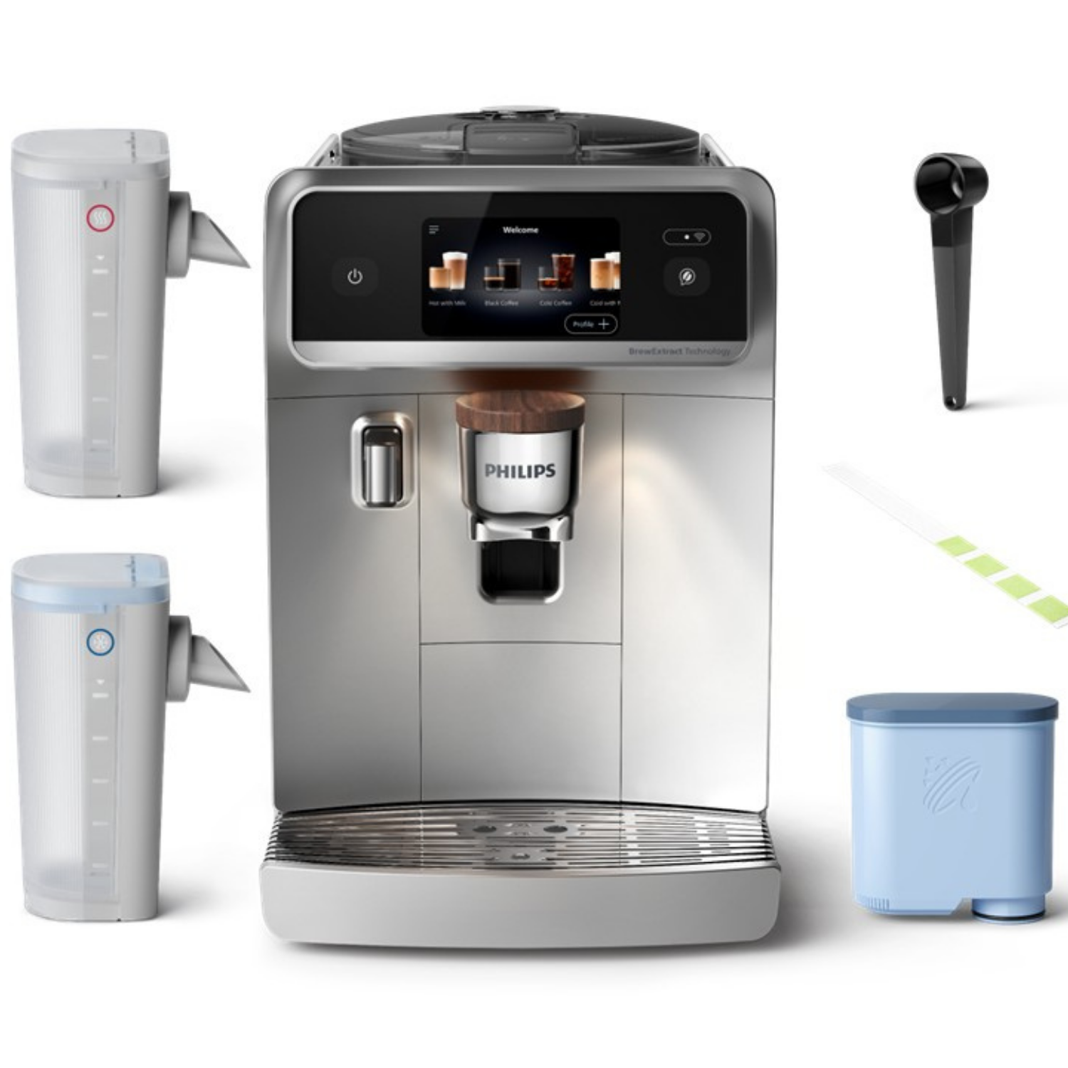 Cafetera plateada con accesorios: dos depósitos de agua, filtro, cepillo de limpieza y tiras de prueba.