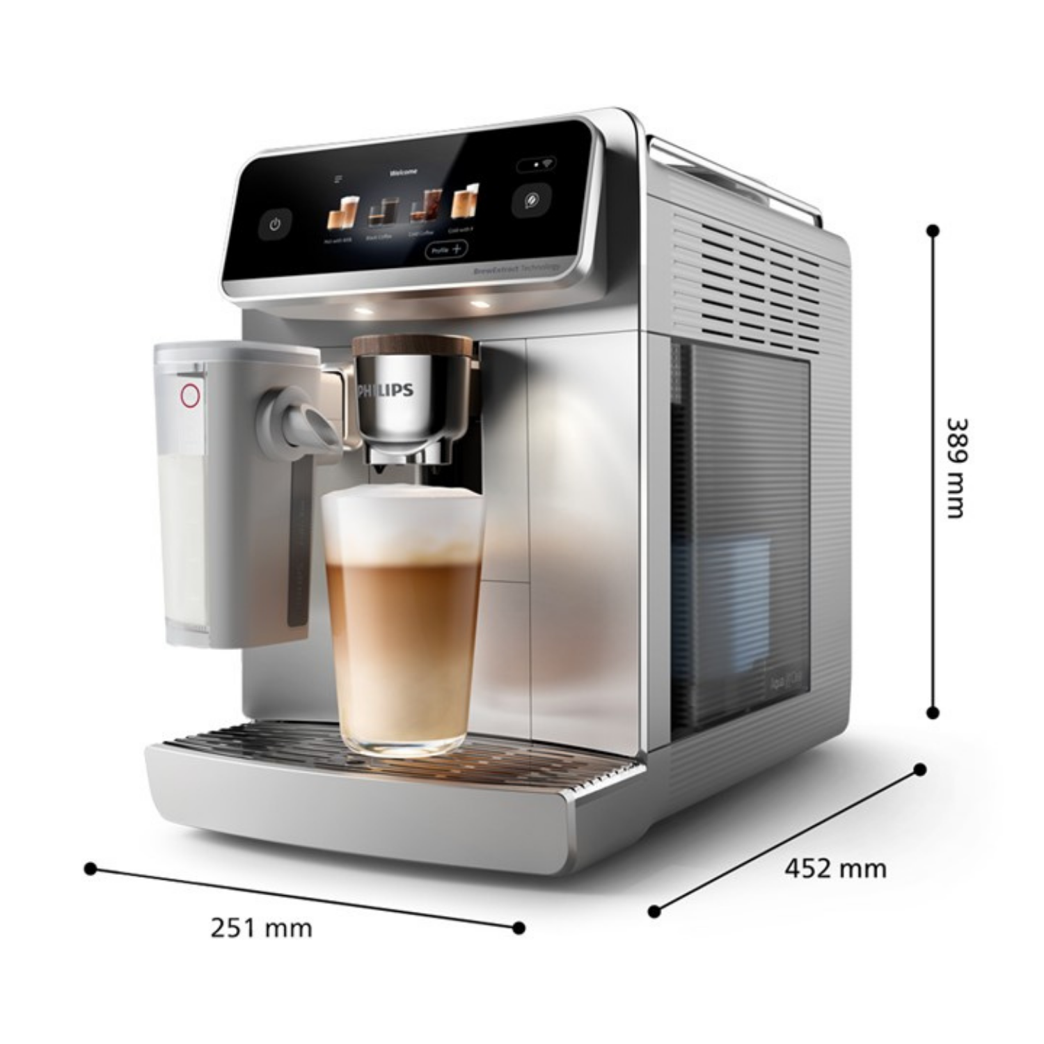 Cafetera Philips plateada con jarra de leche y vaso de latte macchiato.