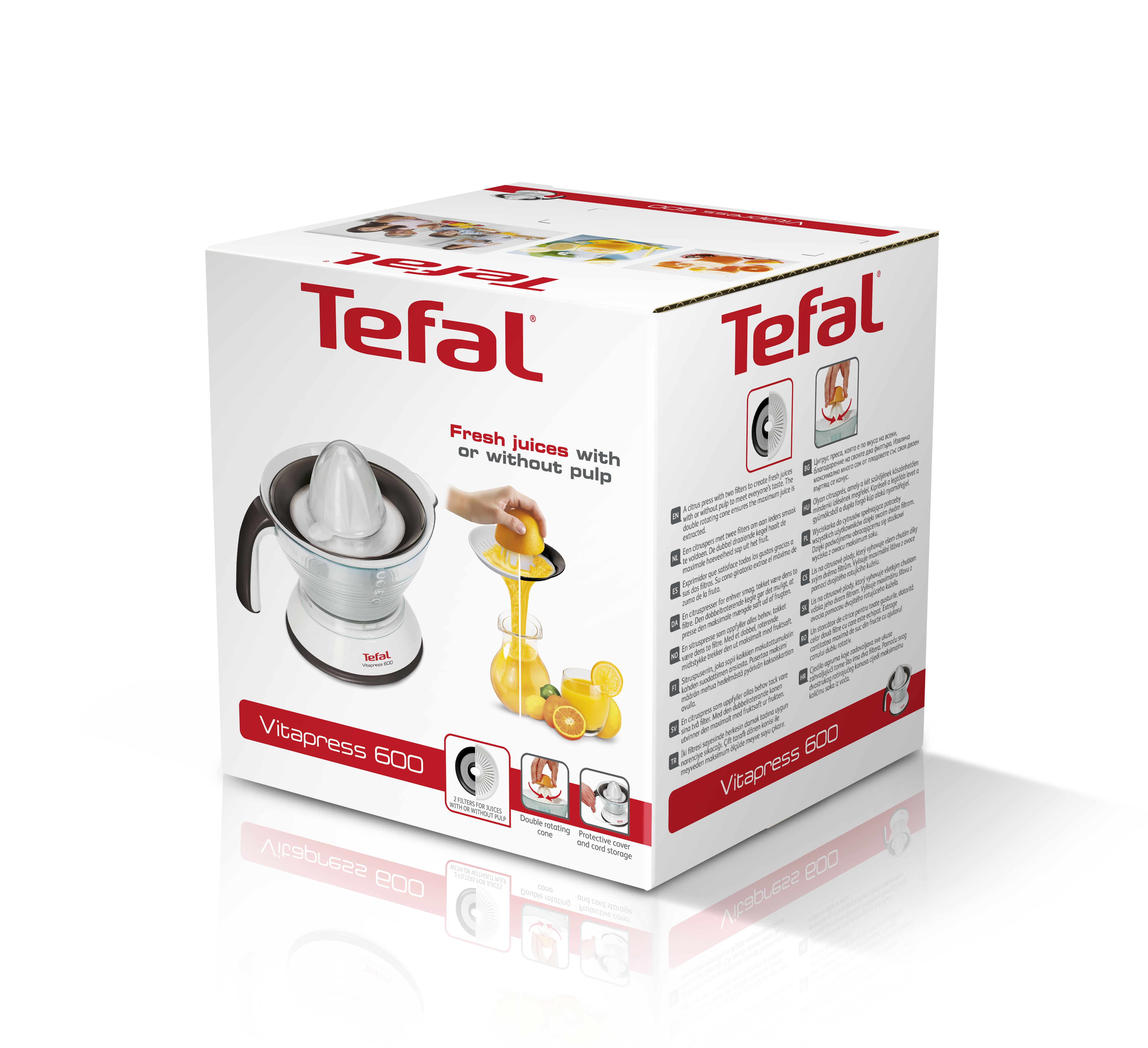 Tefal Vitapress 600 gyümölcscentrifuga doboza, gyümölcscentrifuga és lé képpel.
