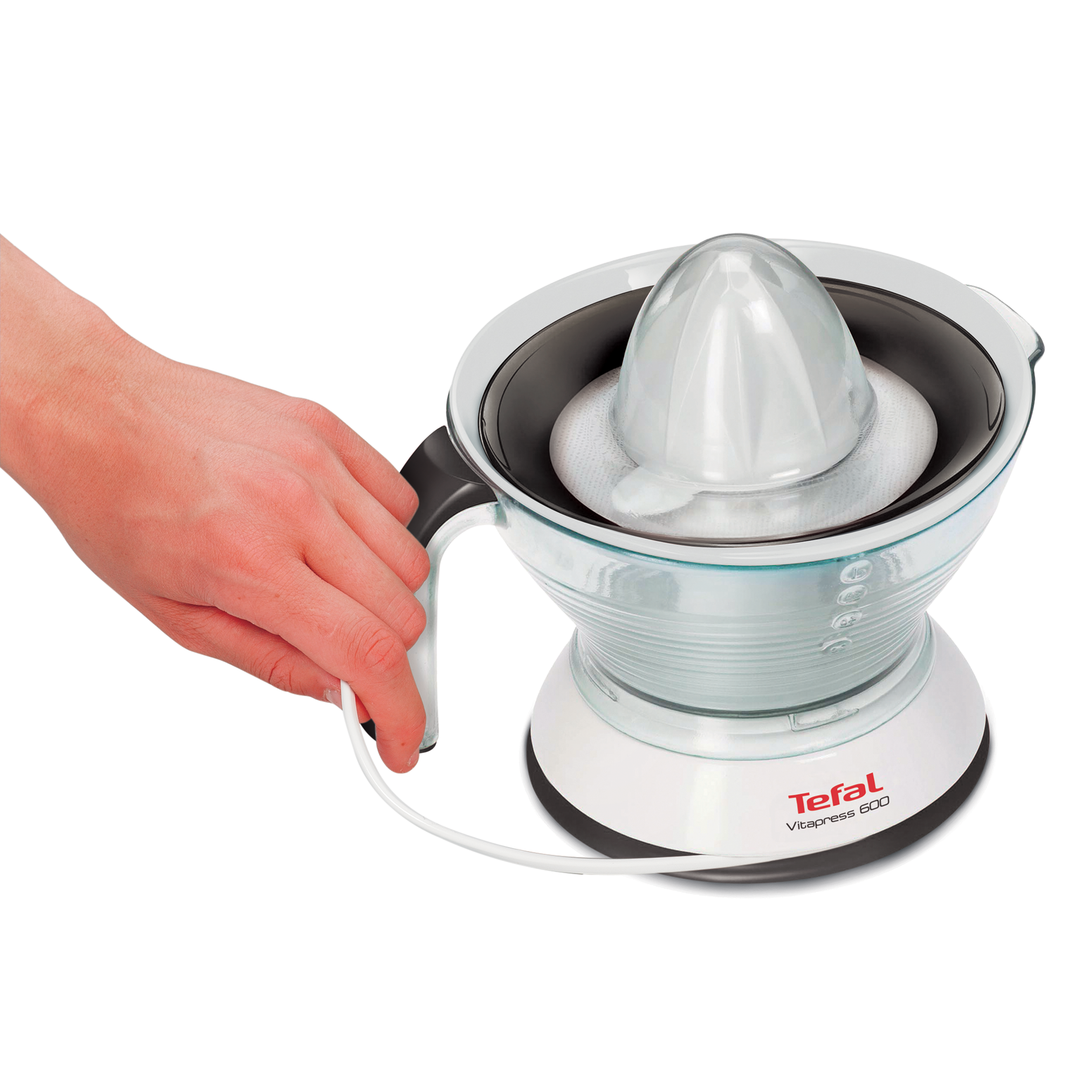 Egy kéz egy fehér Tefal citromfacsarót tart átlátszó tartállyal.