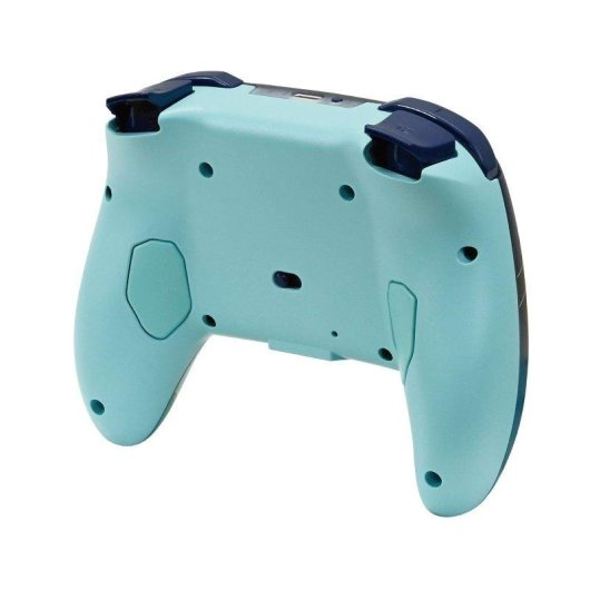 Mando de juego turquesa con detalles azul oscuro, visto desde atrás.