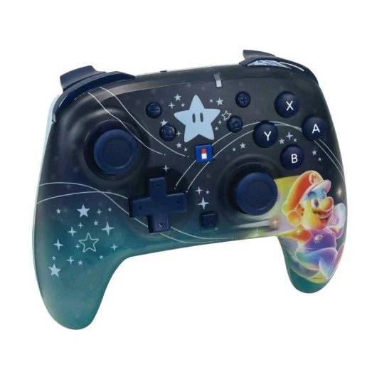 Un controlador negro con patrón de estrellas y gráfico de Mario.