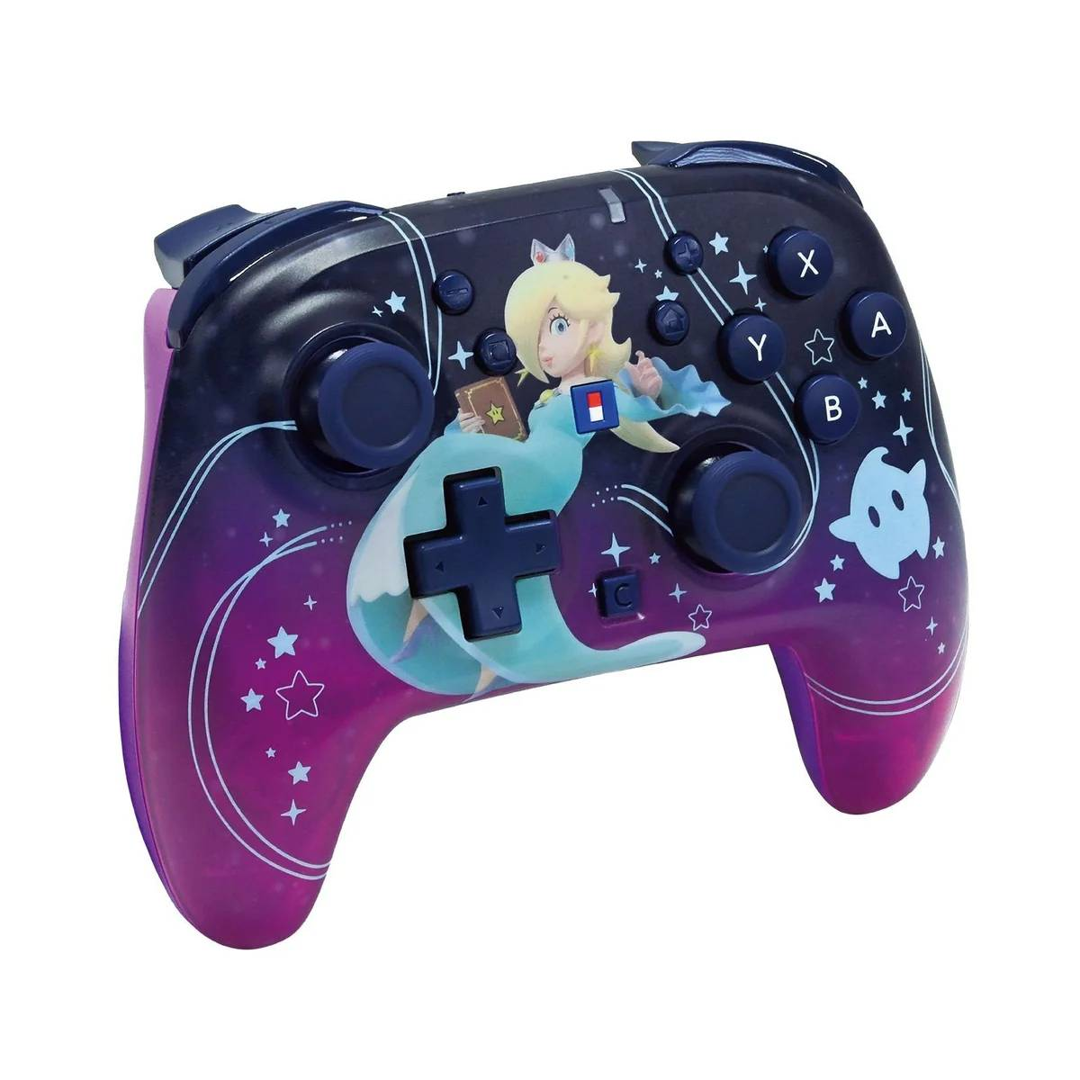 Un control morado y negro con Rosalina y estrellas. Botones A, B, X, Y.