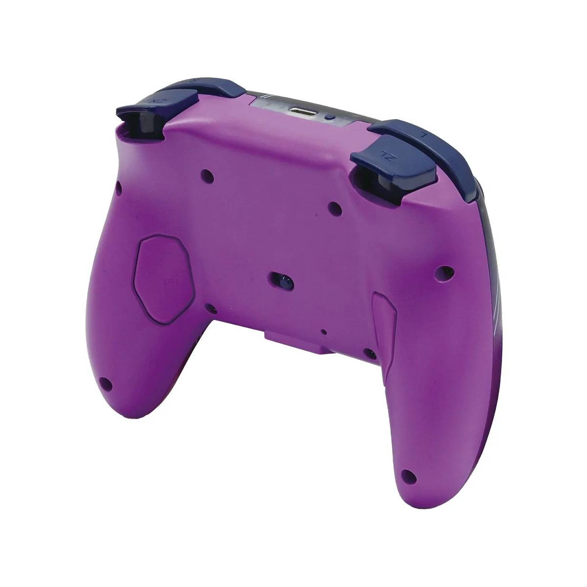 Reverso de mando de juego morado con detalles y botones azules.