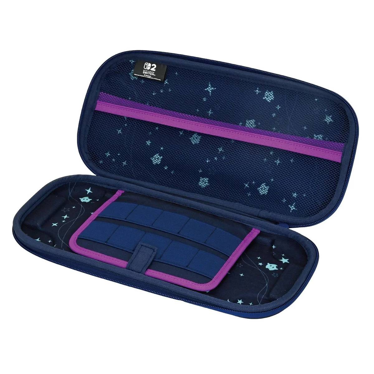 Una funda azul marino para Nintendo Switch con estampado de estrellas y banda elástica.