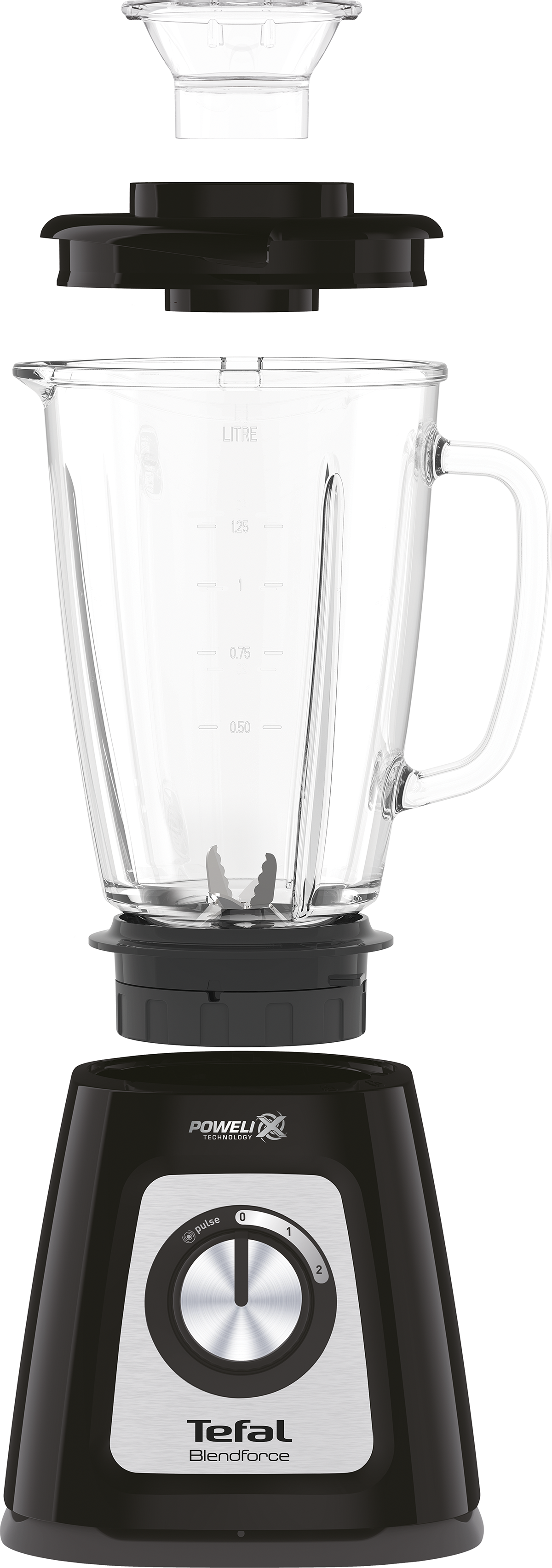 Egy fekete Tefal turmixgép robbantott nézete üvegkannával, fedéllel és talppal.