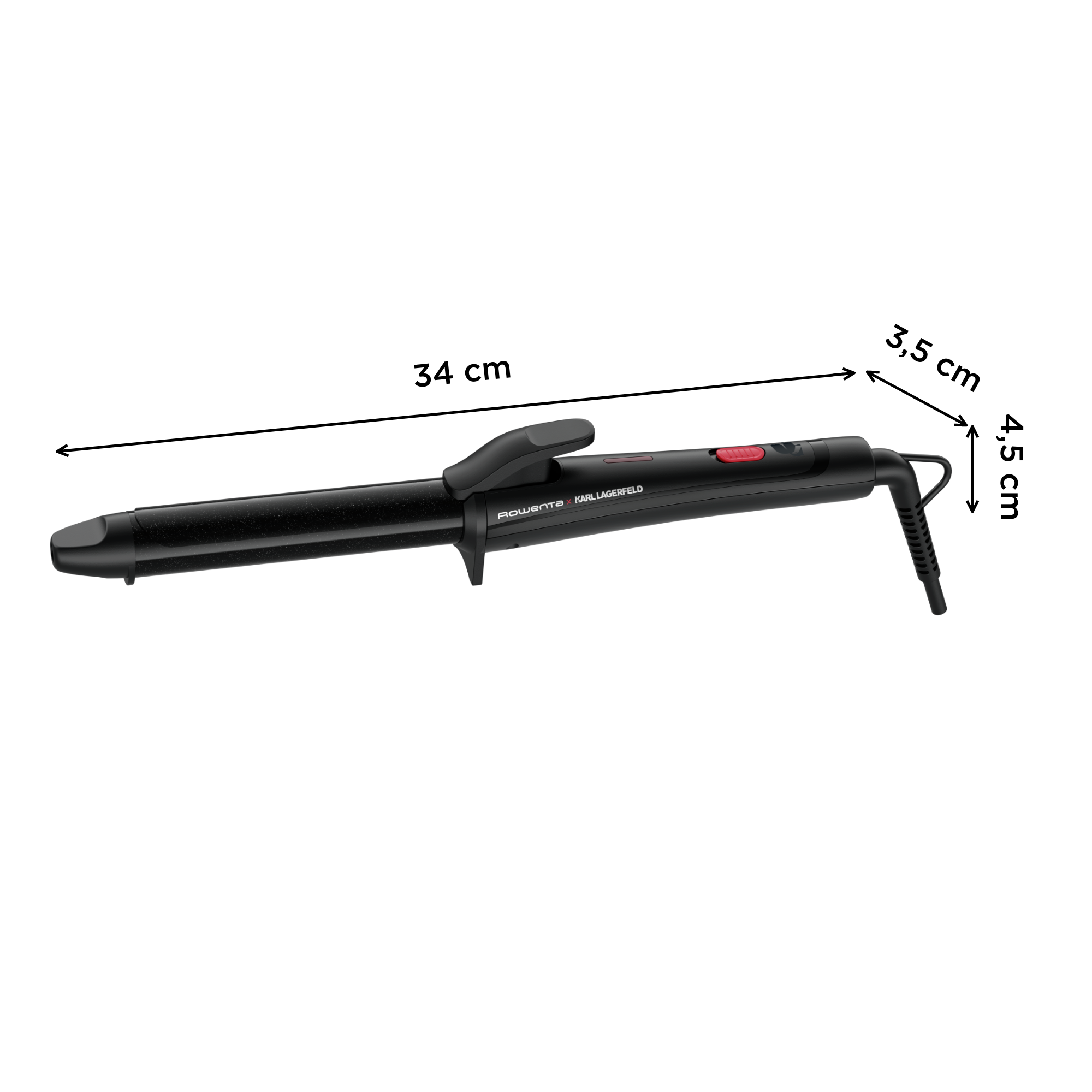 Fekete hajformázó piros kezelőszervekkel, 34 cm hosszú.