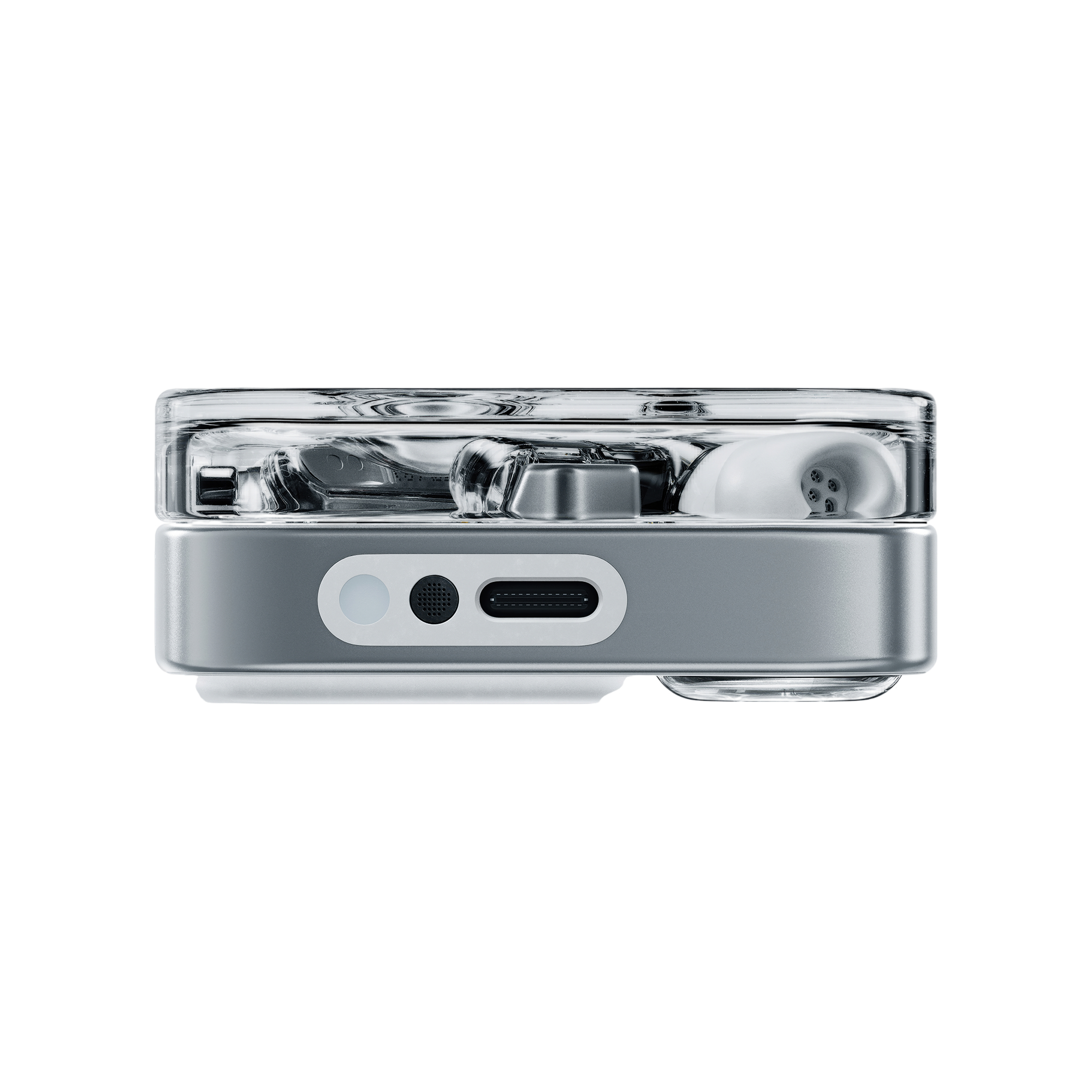 Transparente Ohrhörer-Ladebox mit silbernem Gehäuse und USB-C-Anschluss.