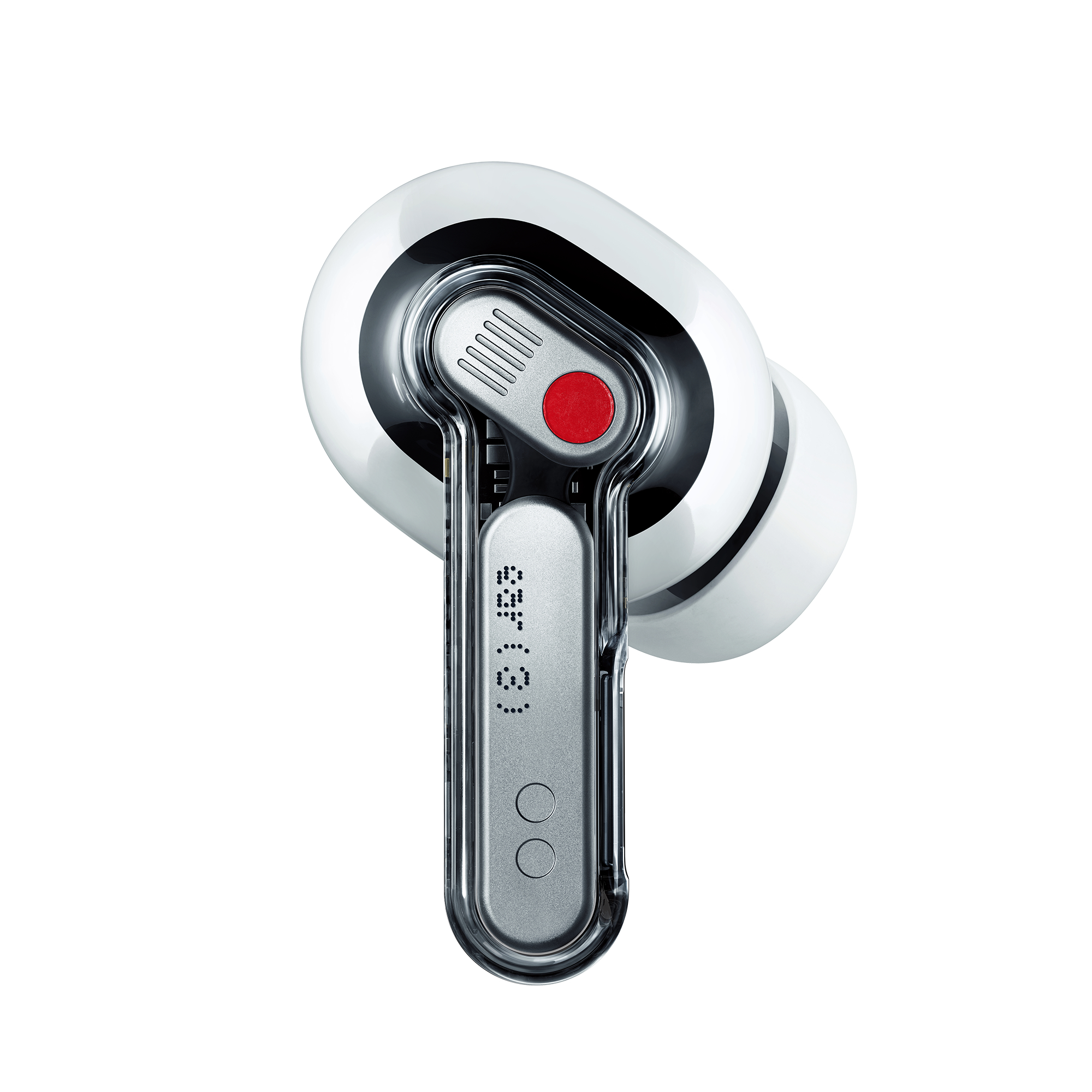 Ein weißer Earbud mit silbernen und transparenten Details auf weißem Hintergrund.