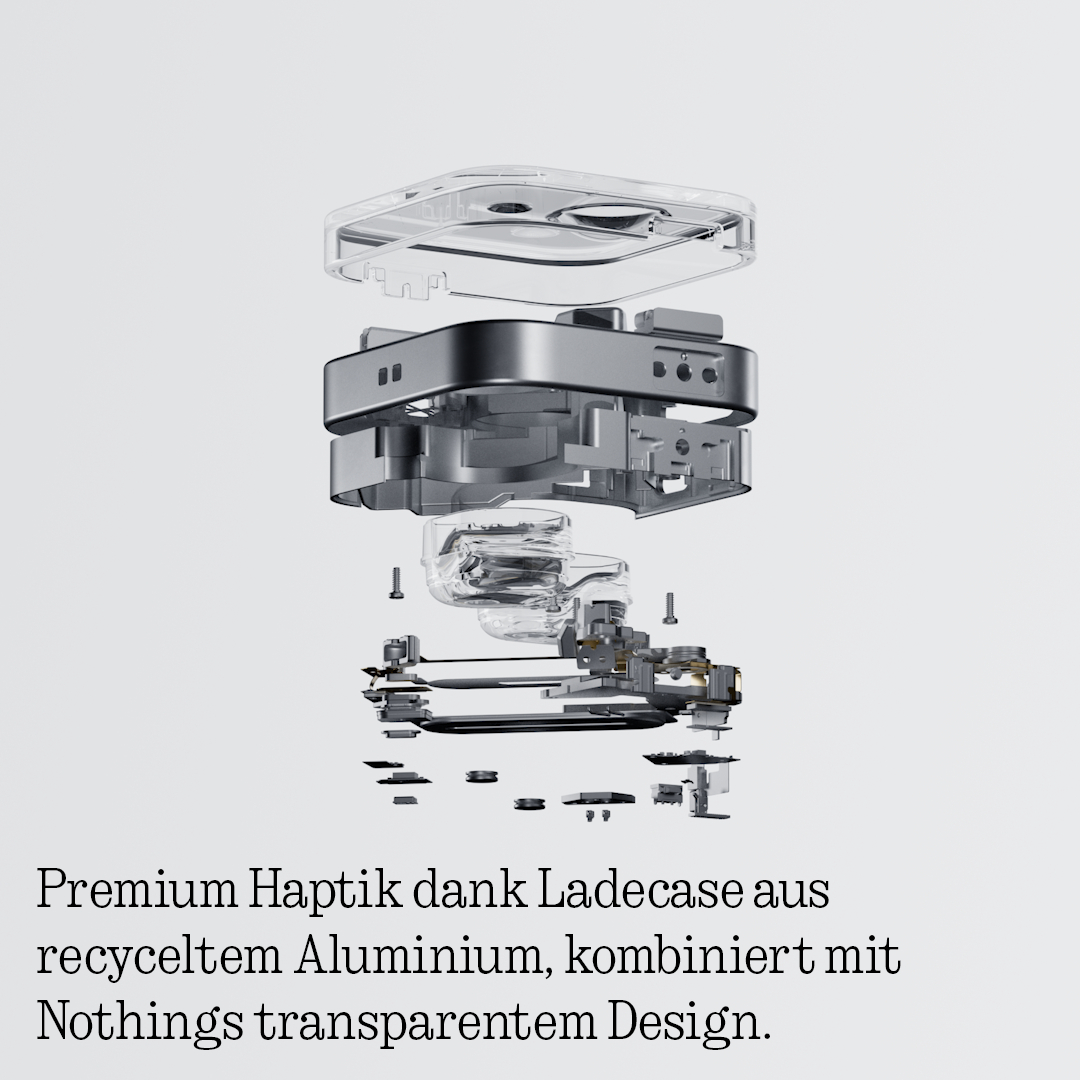 Explosionszeichnung eines transparenten Ladegehäuses aus Aluminium.