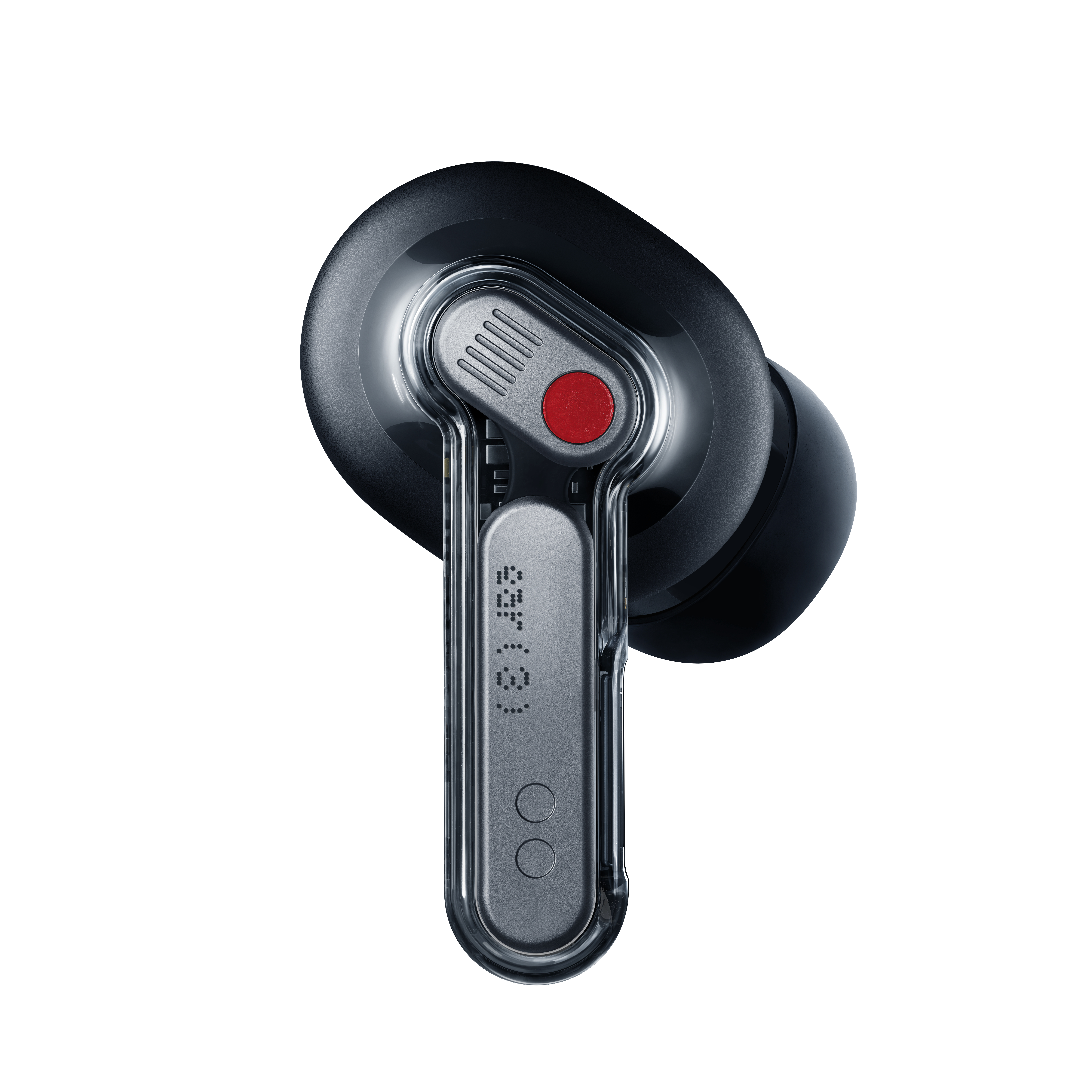 Ein schwarzer Earbud mit transparentem Gehäuse und rotem Punkt.