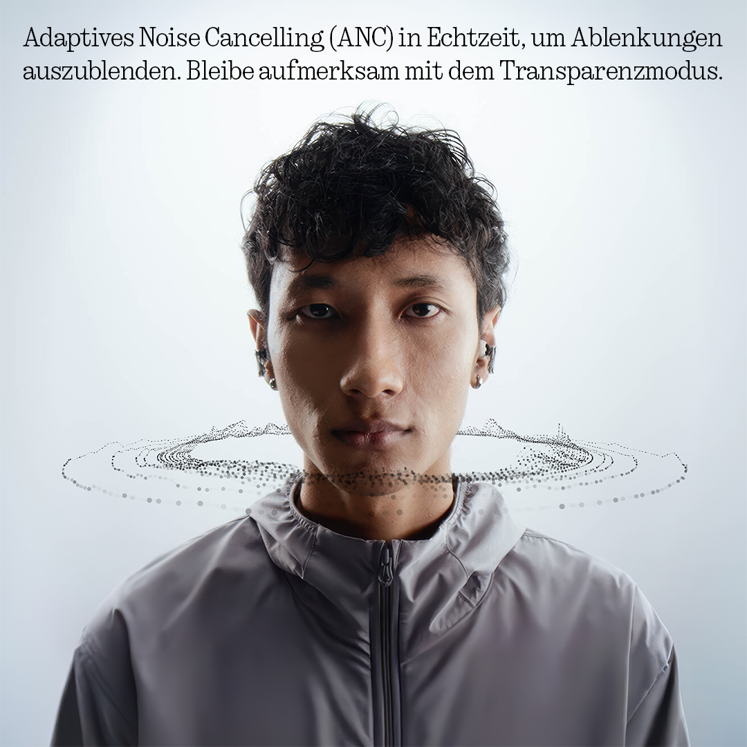 Mann mit Kopfhörern, grauer Jacke, visuell dargestellte Schallwellen.