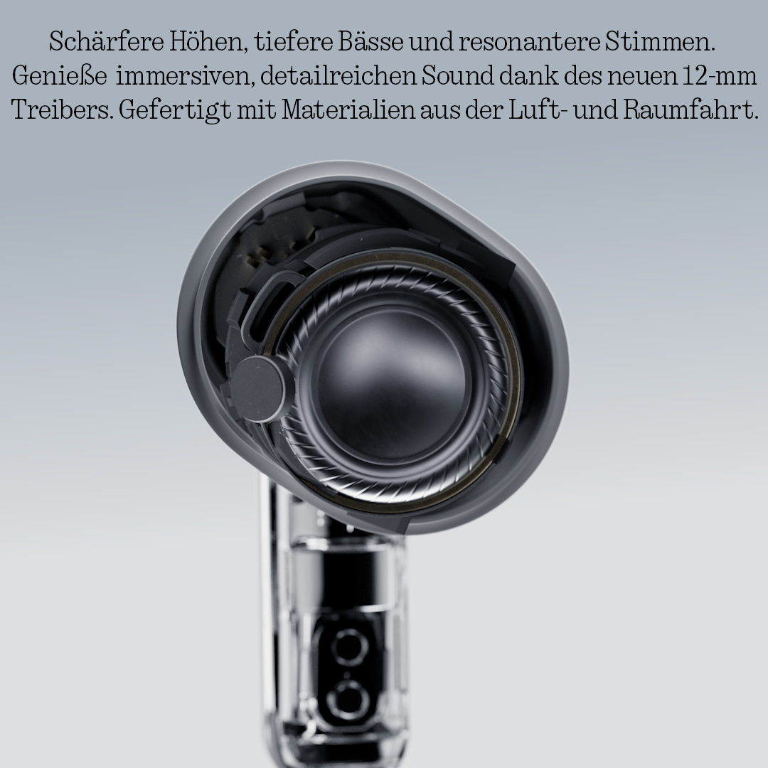 Nahaufnahme eines transparenten Ohrhörers, der den 12-mm-Treiber und interne Komponenten zeigt.