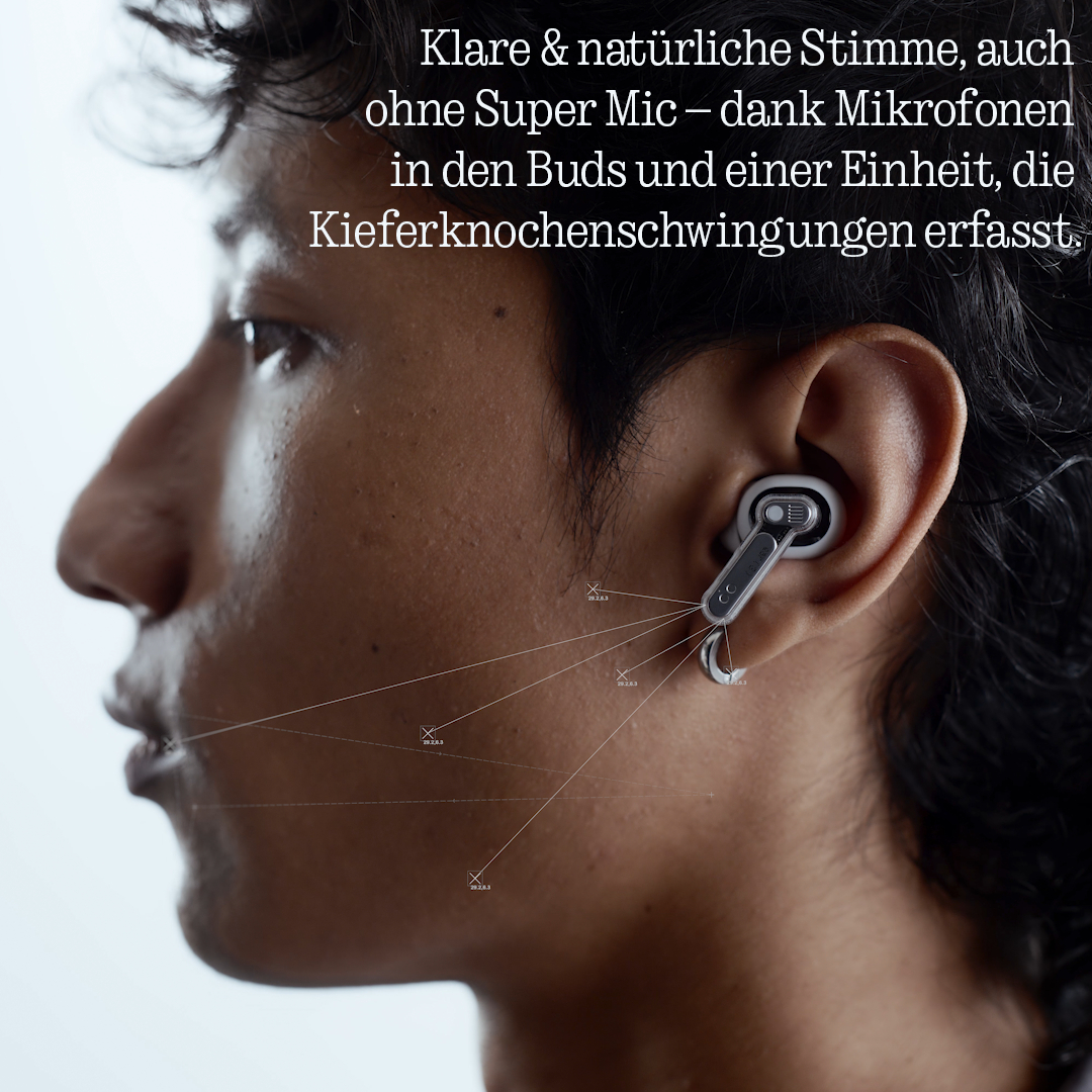 Nahaufnahme einer Person mit weißem Ohrhörer, Linien zeigen zum Kieferknochen.
