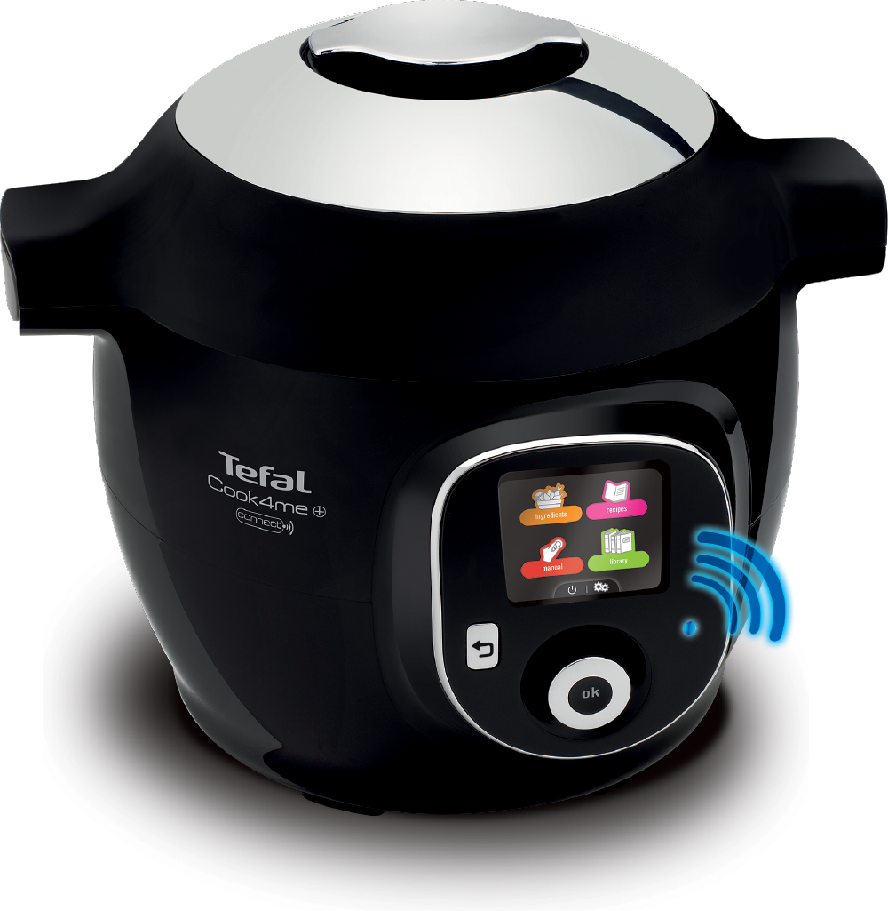 Fekete Tefal Cook4Me+ Connect érintőképernyővel és főzési ikonokkal.