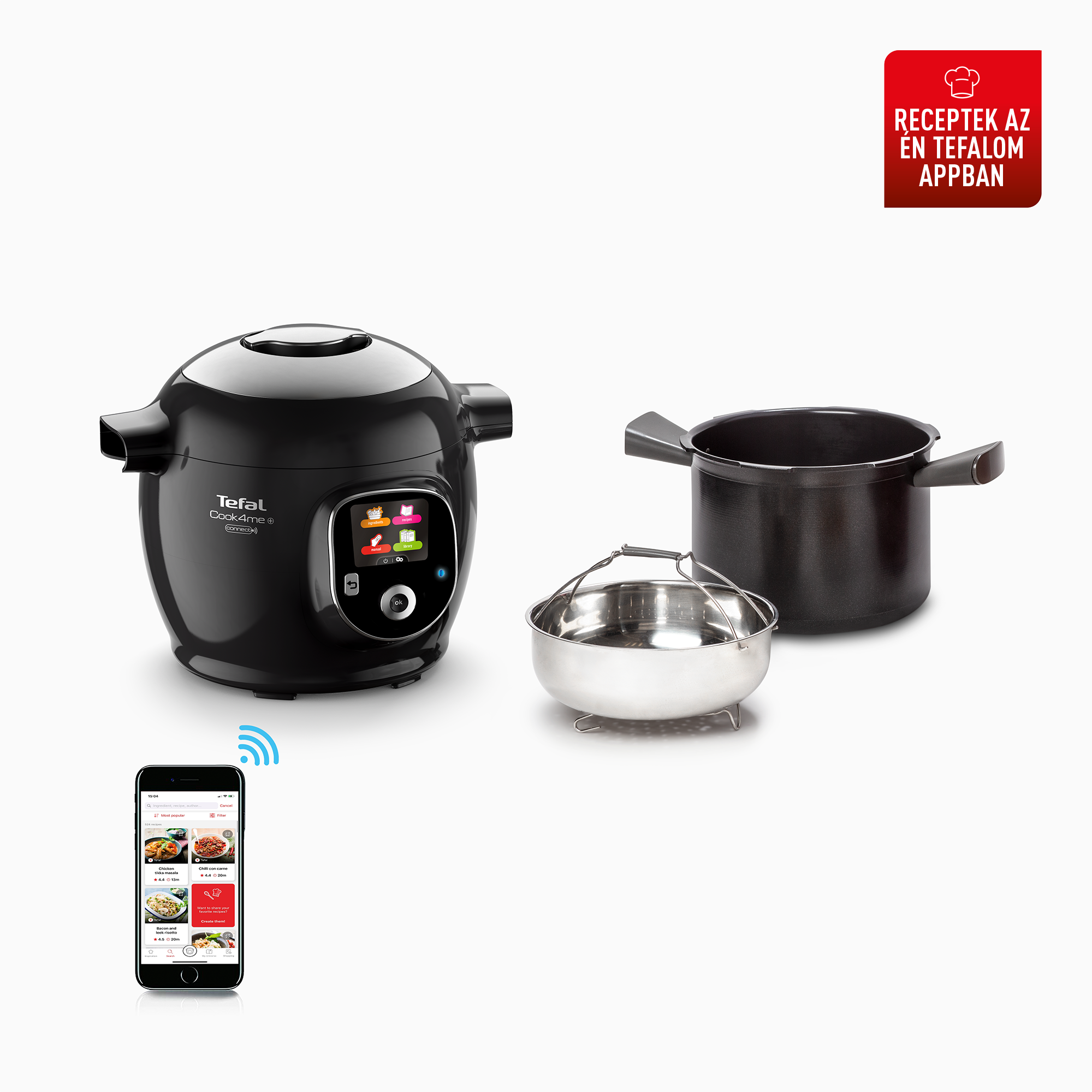 Fekete Tefal Cook4me főző, lábassal, rozsdamentes acél tálal és okostelefon app.