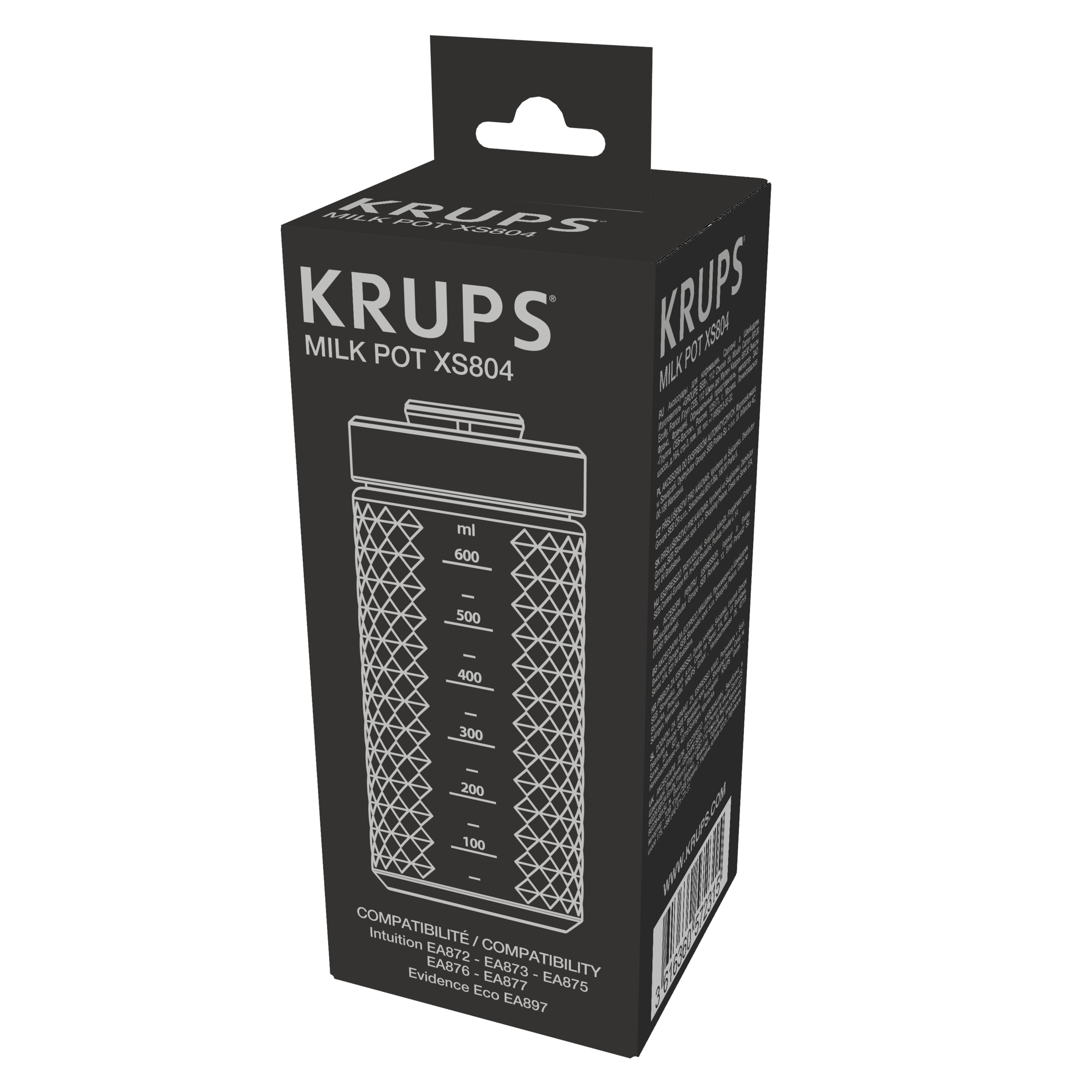 Fekete Krups Milk Pot XS804 csomagolás mérőskálával és termékinformációkkal.