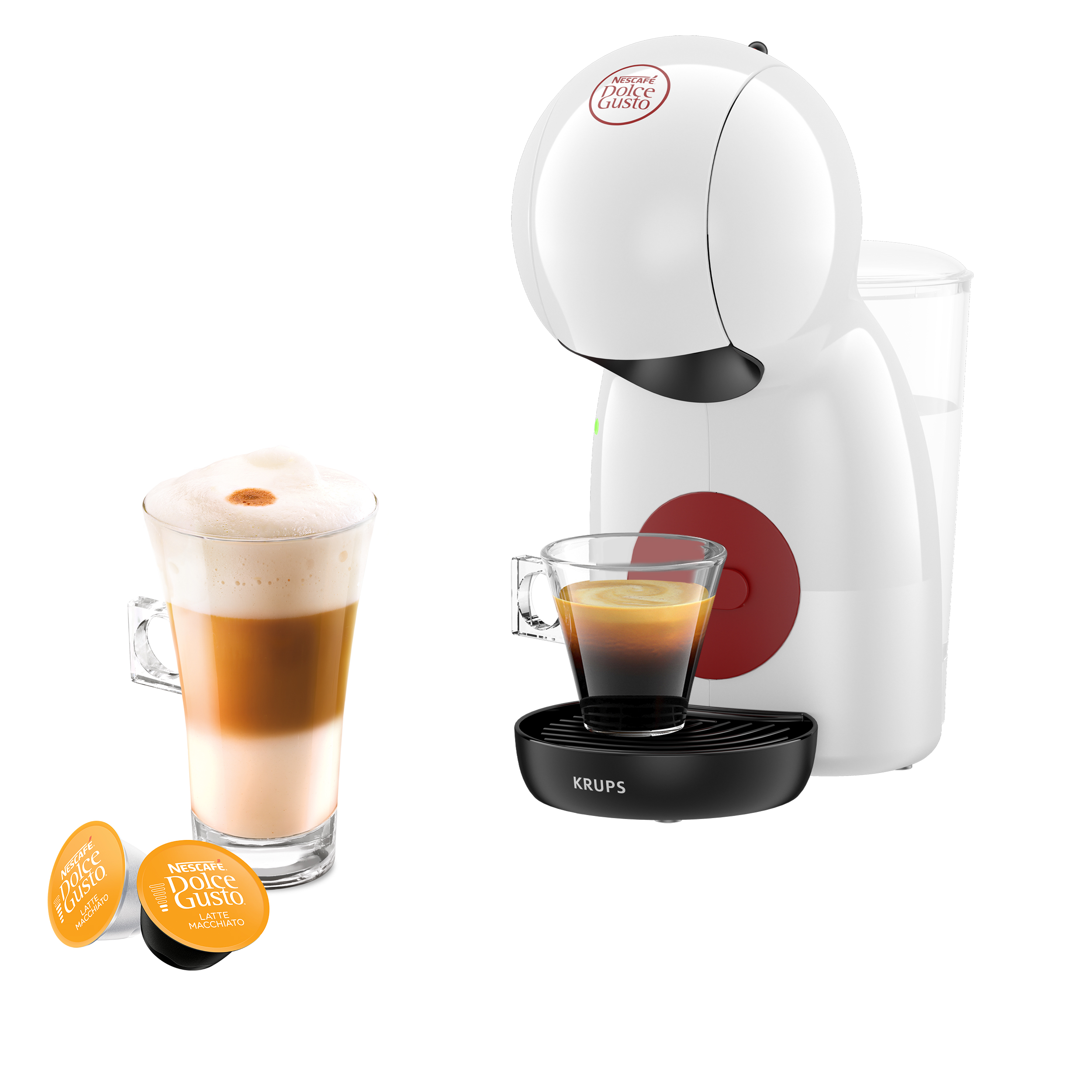 Fehér kávéfőző latte macchiatóval és eszpresszóval.