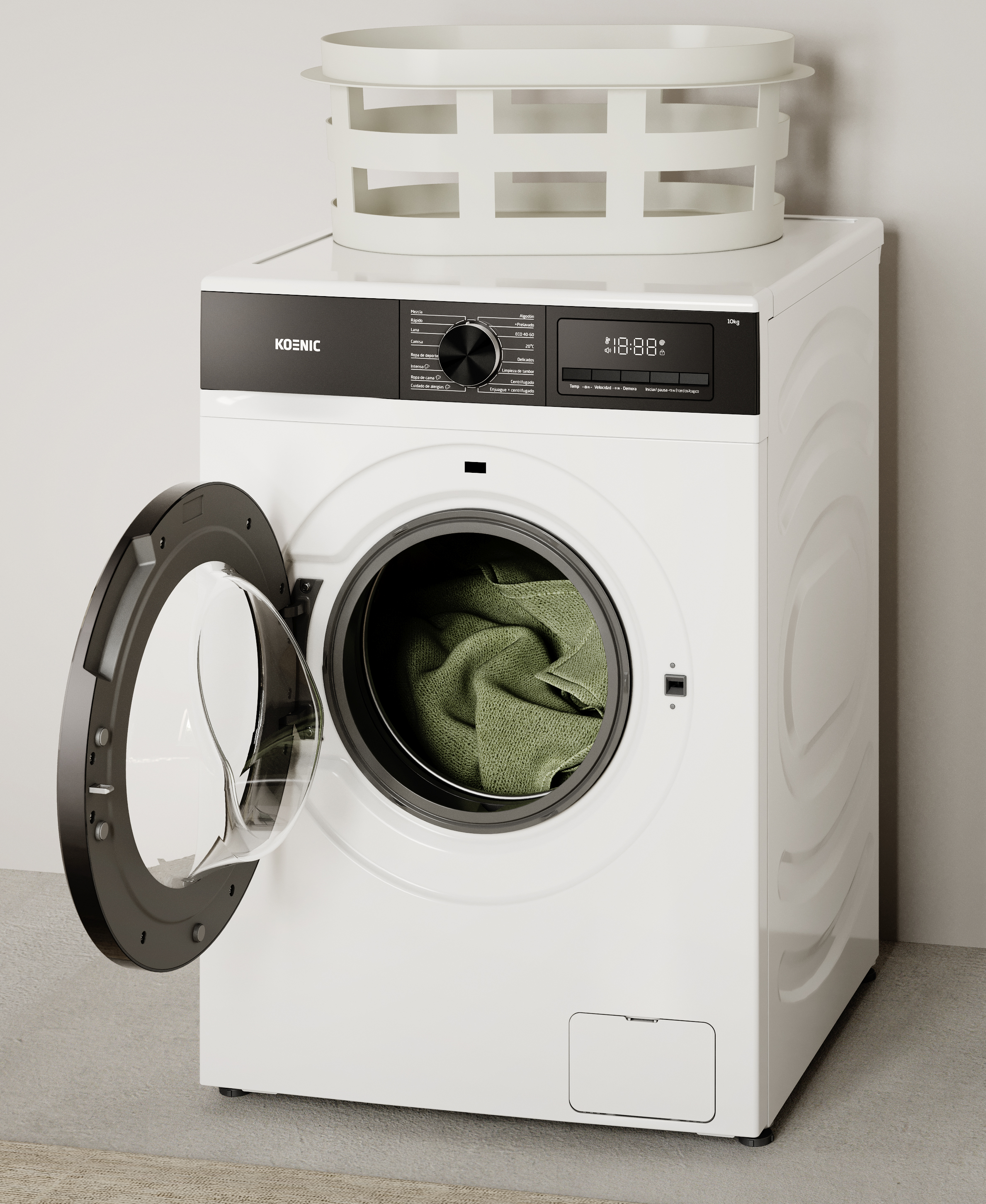 Lavadora blanca con puerta abierta, mostrando ropa verde en el interior.
