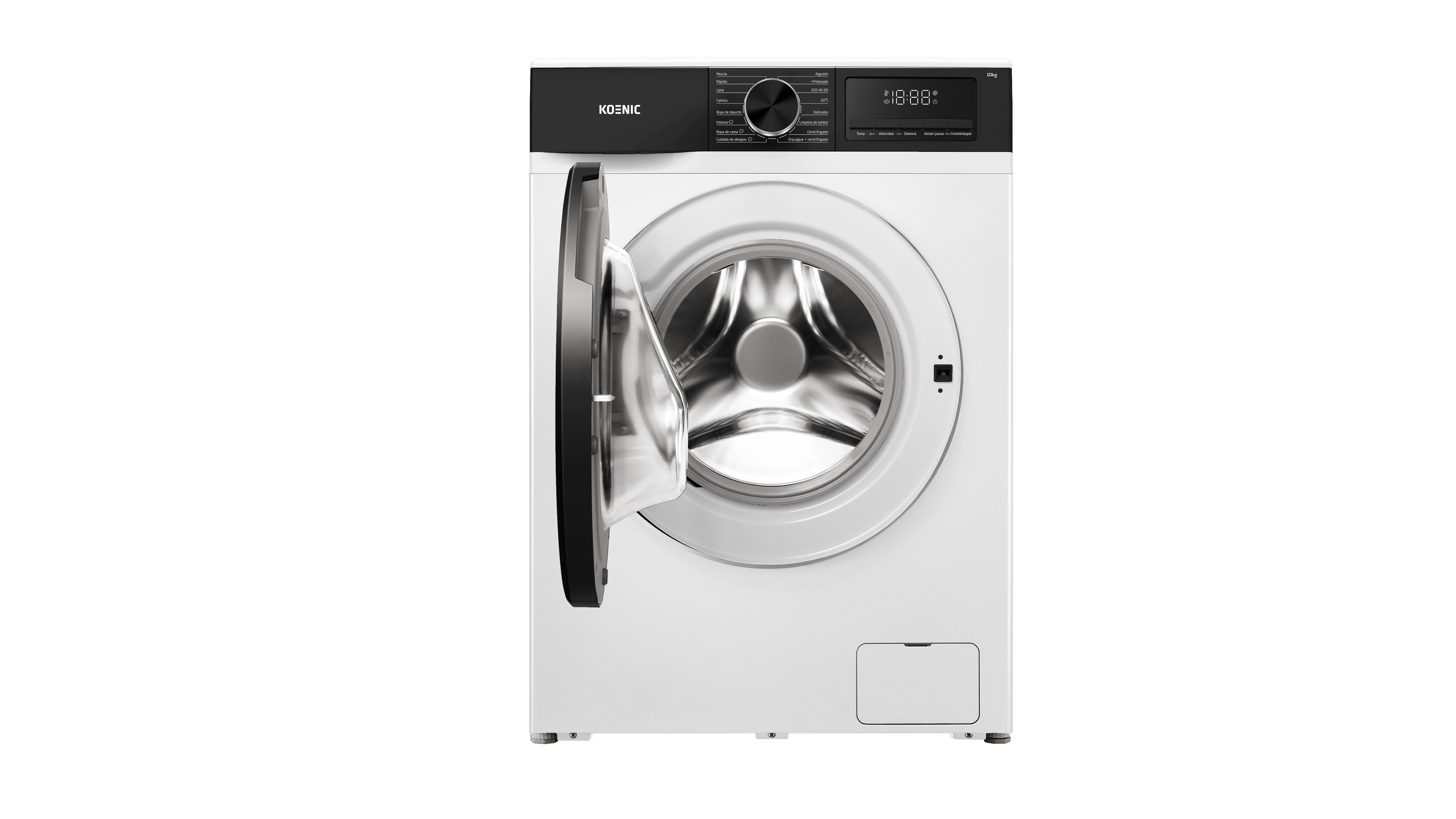 Una lavadora blanca con la puerta abierta y pantalla digital.