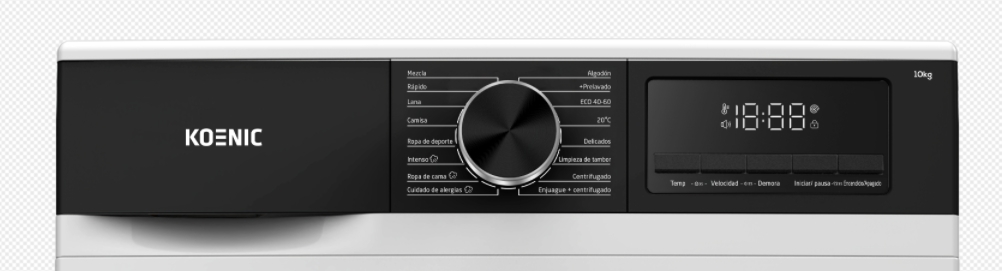 Panel de control de lavadora con dial y pantalla digital. Marca: KÖENIC.