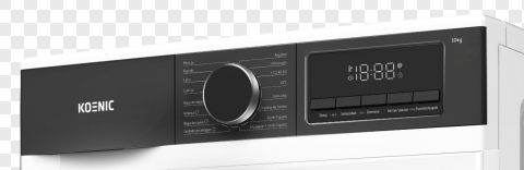 Panel de control de una lavadora blanca con detalle negro y pantalla digital.