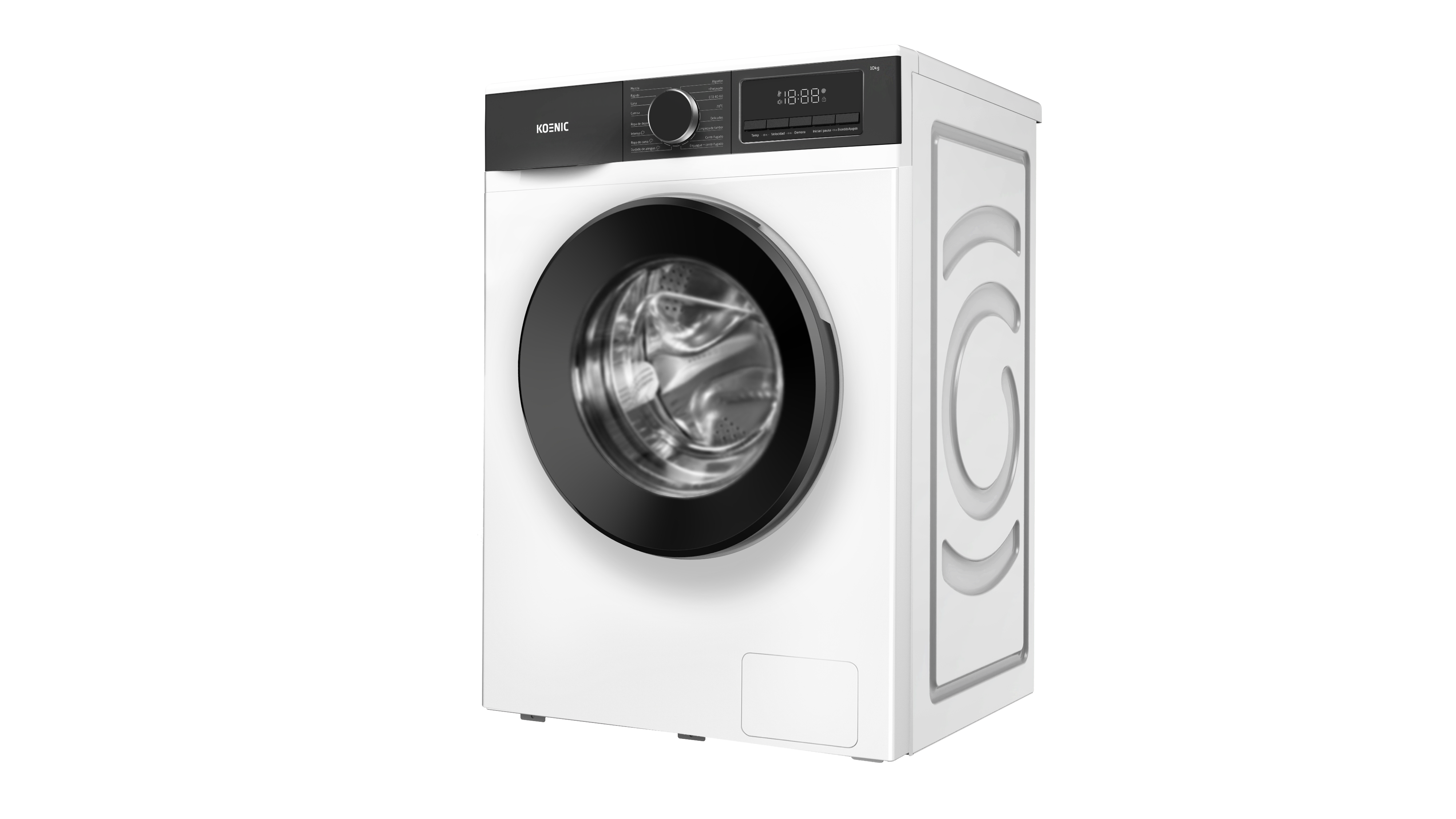 Una lavadora blanca con puerta y panel de control negros.