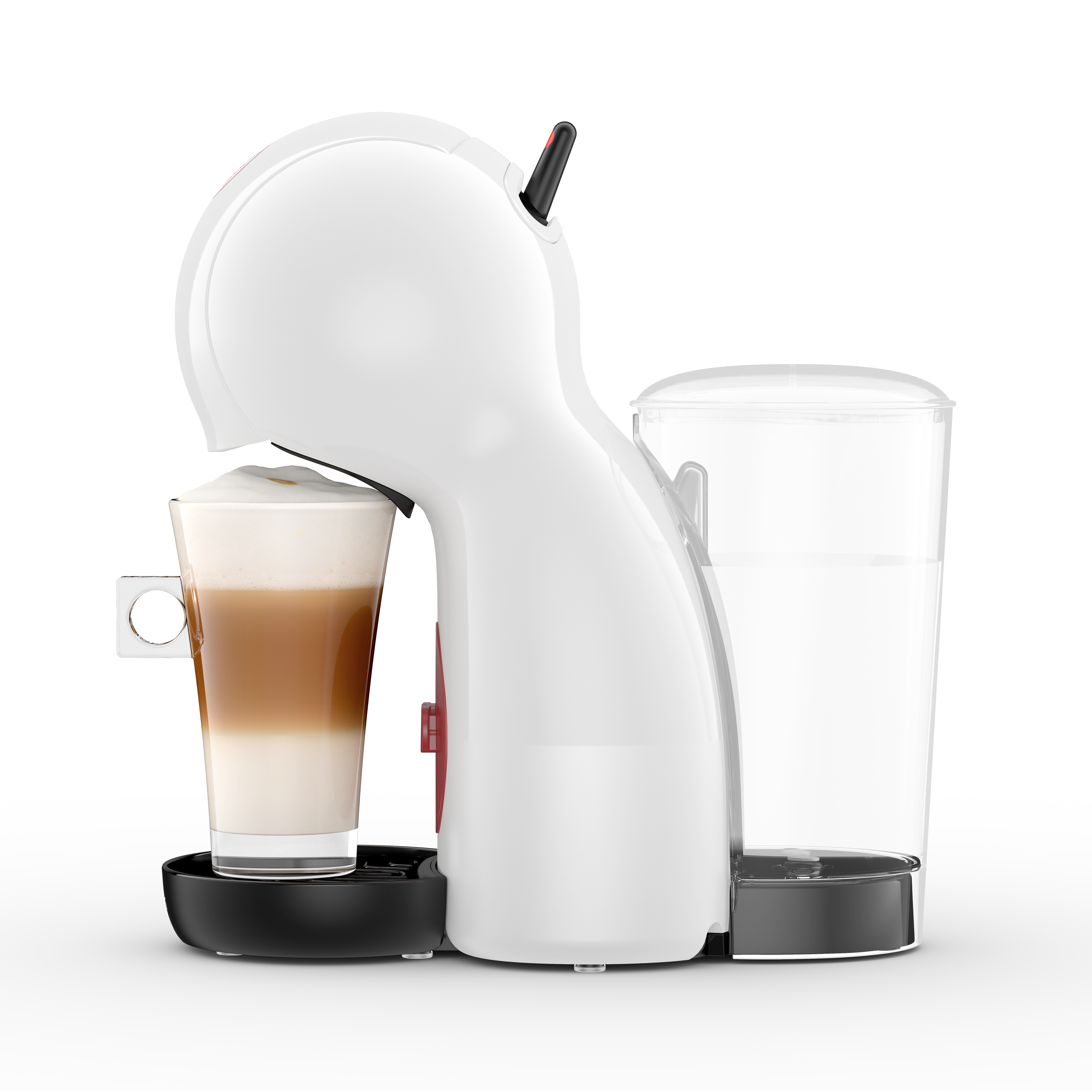Fehér kávéfőző latte macchiato pohárral és víztartállyal.