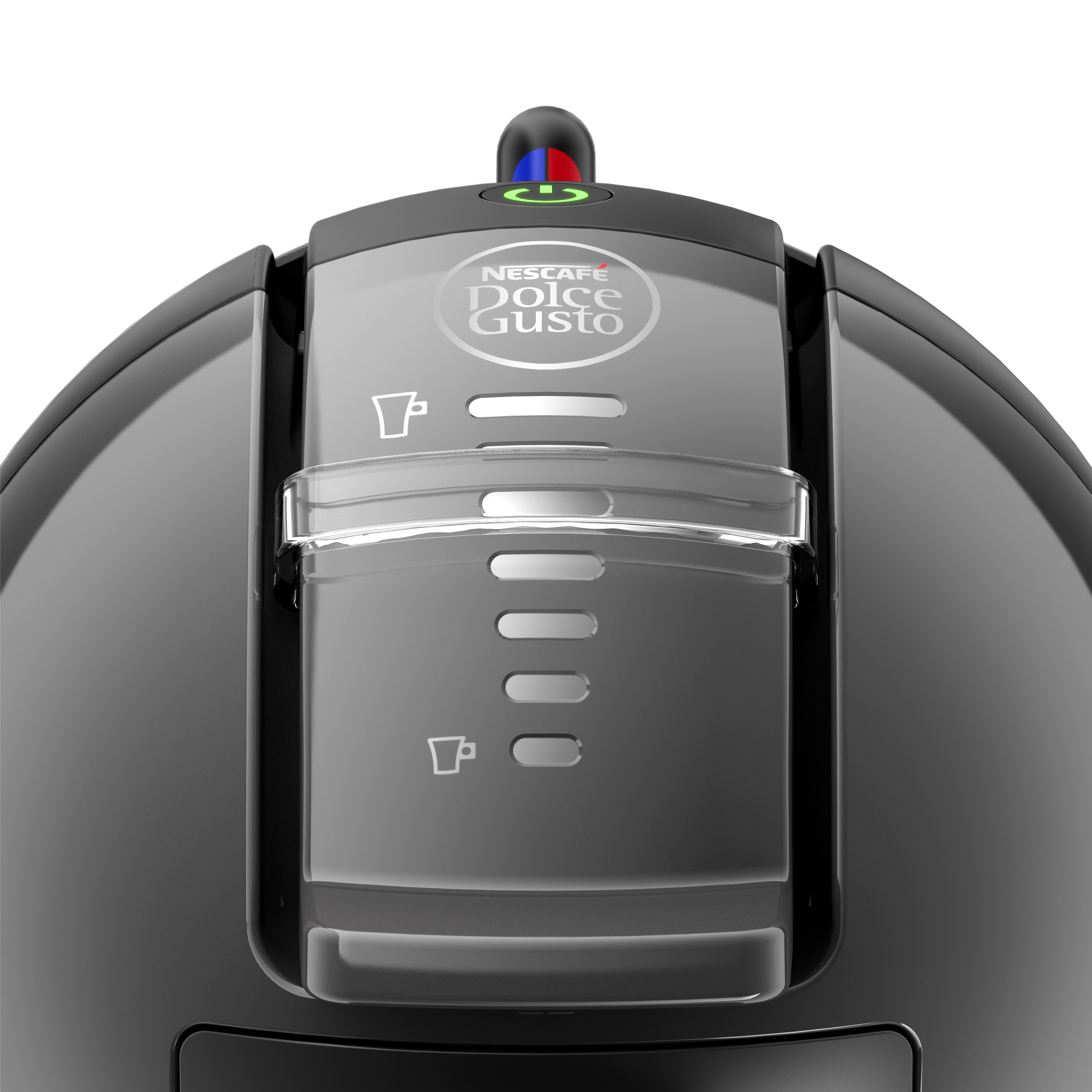 Fekete kávéfőző Nescafé Dolce Gusto logóval, piros-kék karral és bekapcsológombbal.