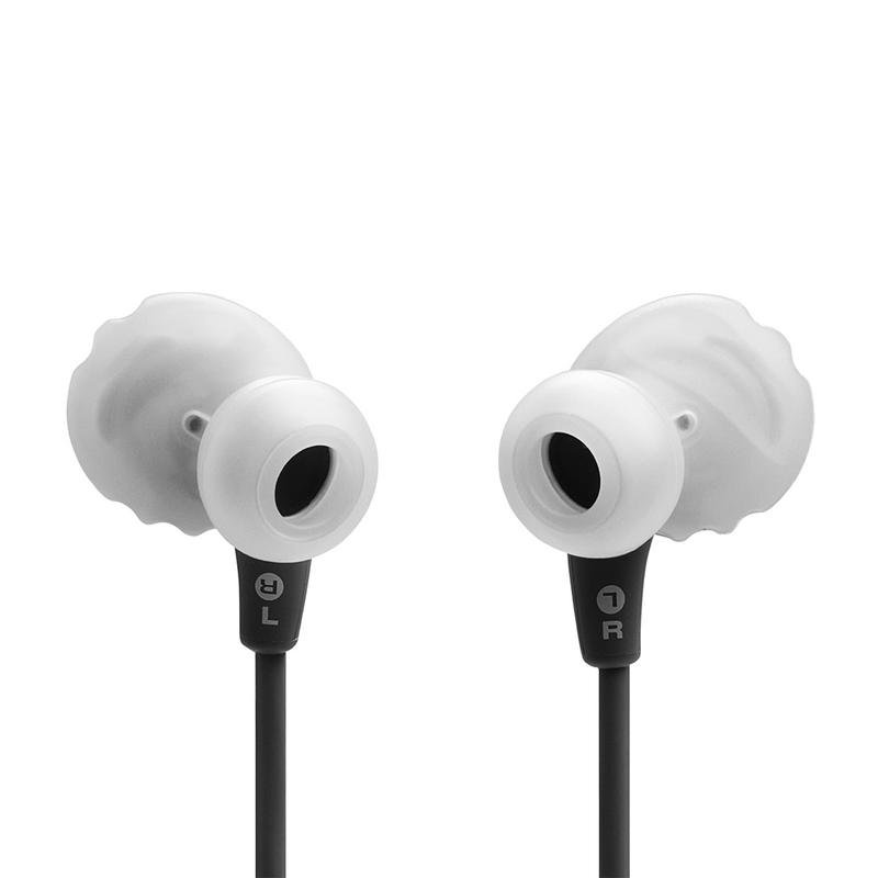 Dos audífonos blancos con cables negros, marcados L y R.