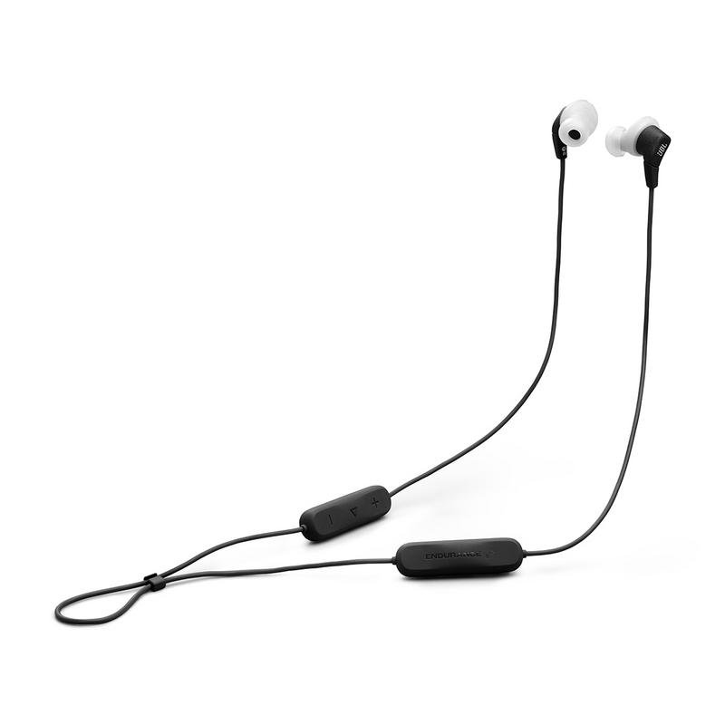 Auriculares JBL negros con puntas blancas, sobre fondo blanco.