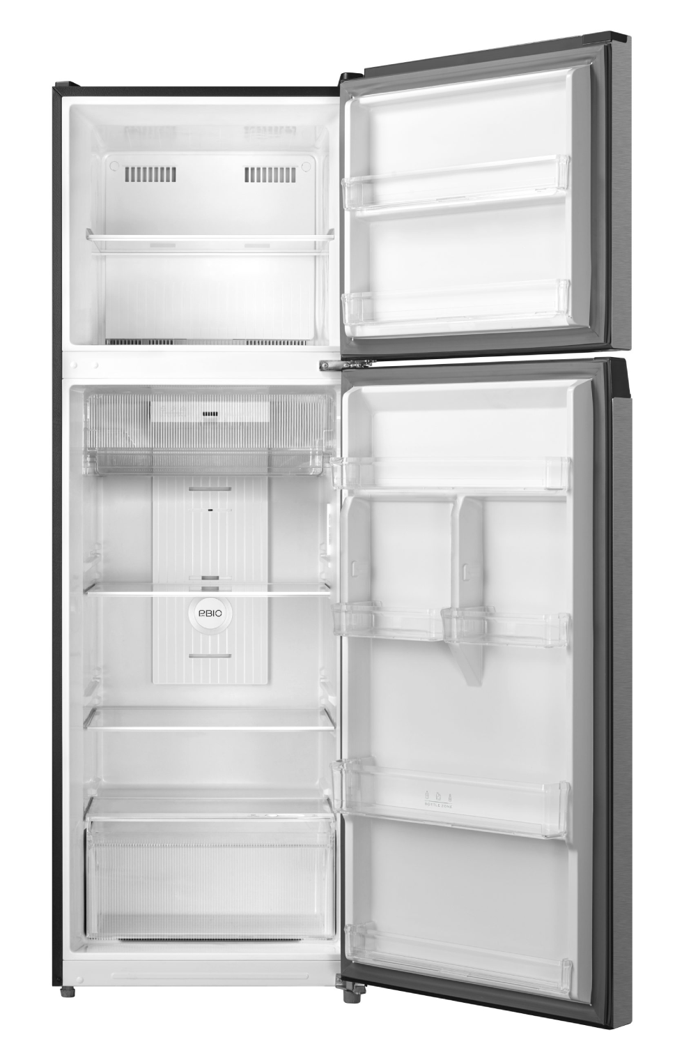 Un refrigerador abierto y vacío de dos puertas, color plateado.