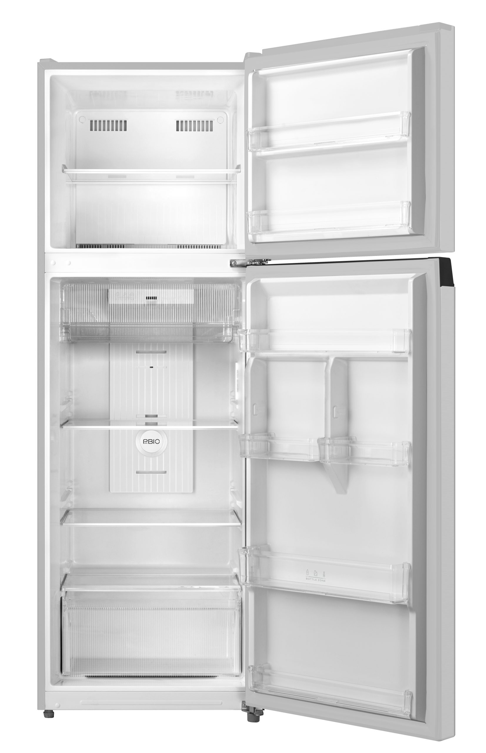 Un refrigerador abierto y vacío con varios estantes y cajones.