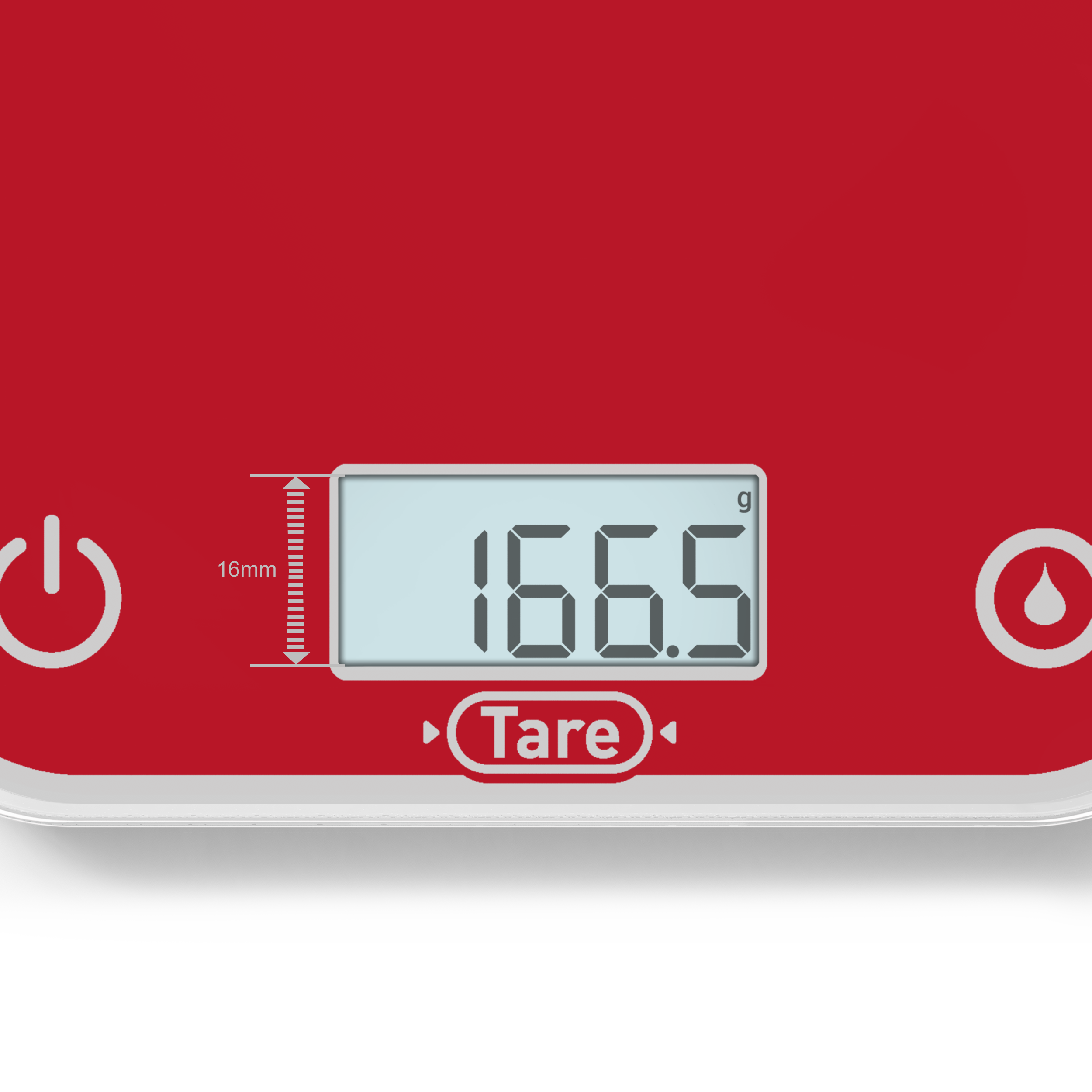 Piros mérleg LCD kijelzővel, 166,5 g-ot mutat. Balra: bekapcsolás ikon, jobbra: csepp ikon.
