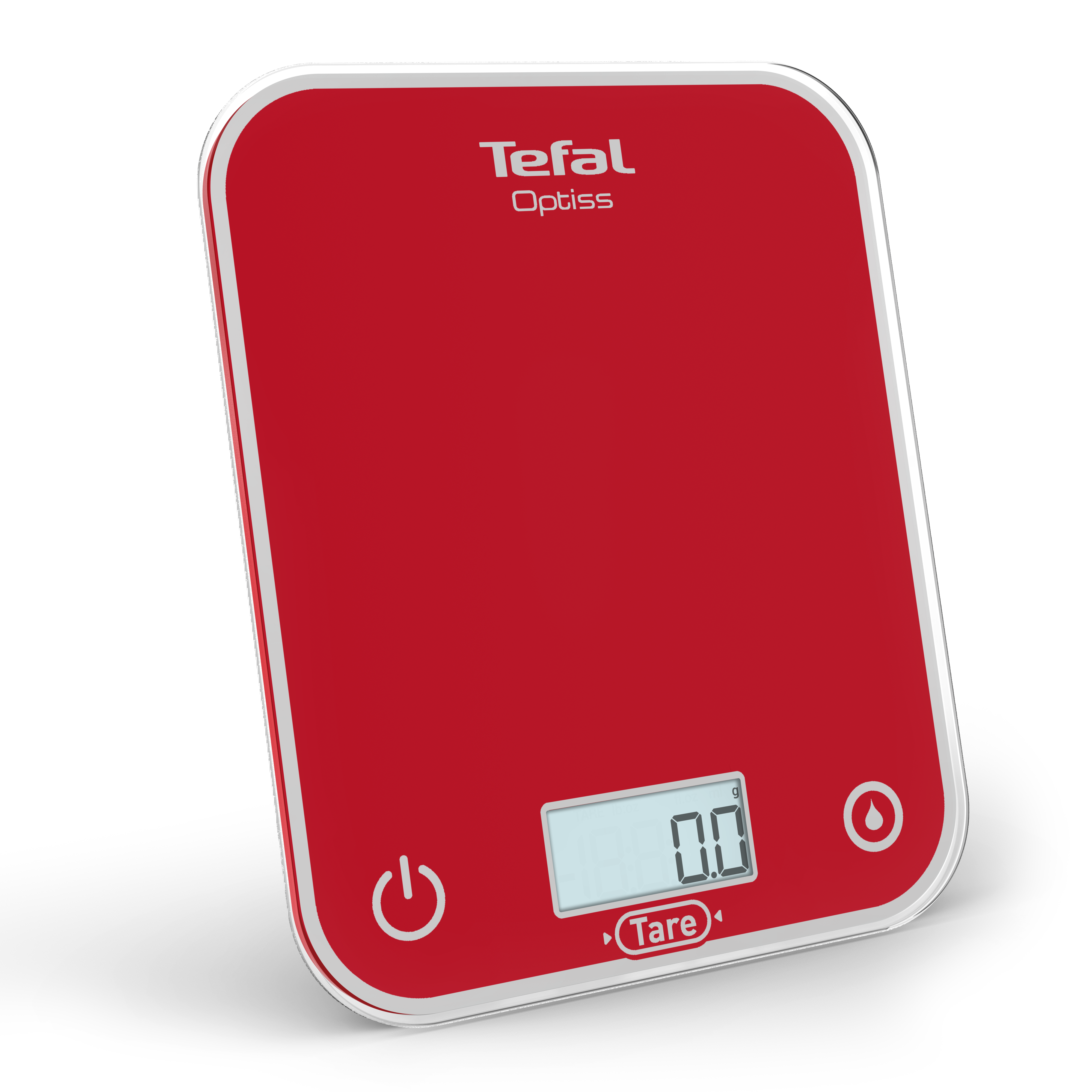 Piros Tefal Optiss konyhai mérleg digitális kijelzővel és bekapcsolás szimbólummal.