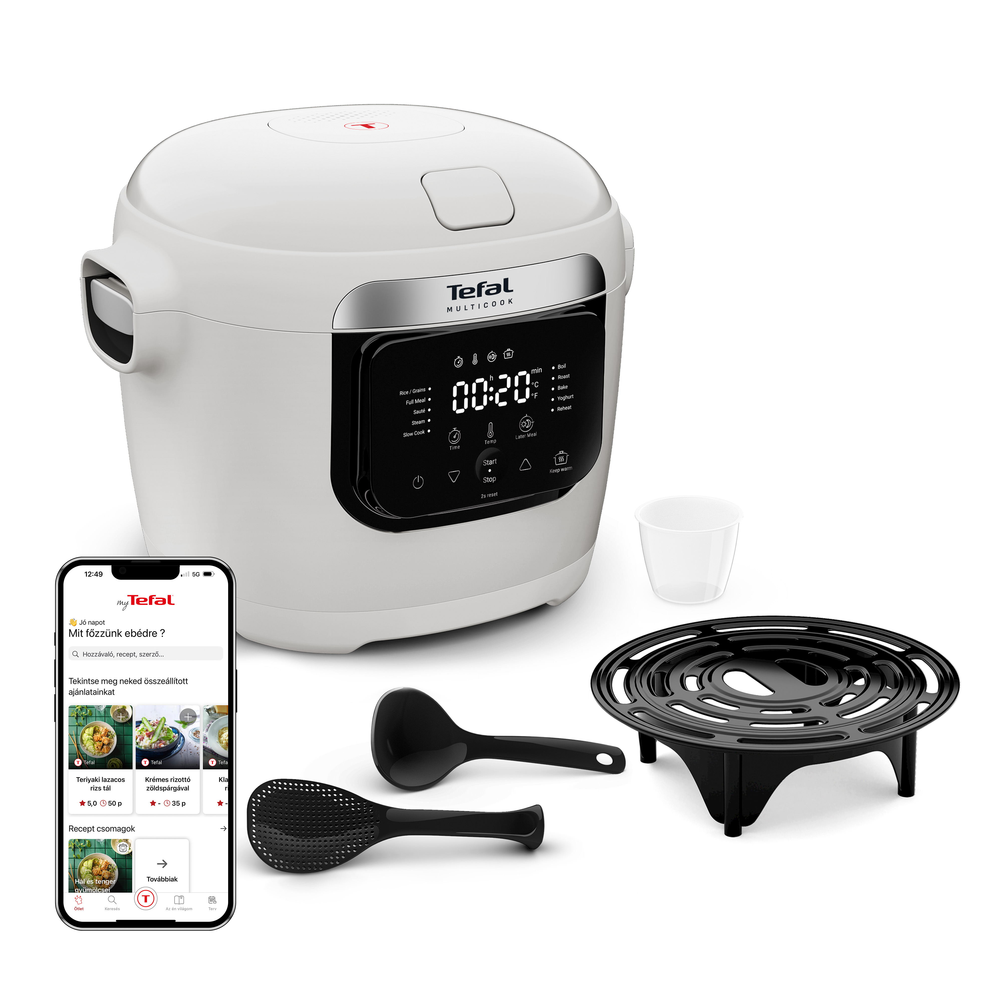 Egy fehér Tefal multicső főző és egy okostelefon Tefal applikációval.